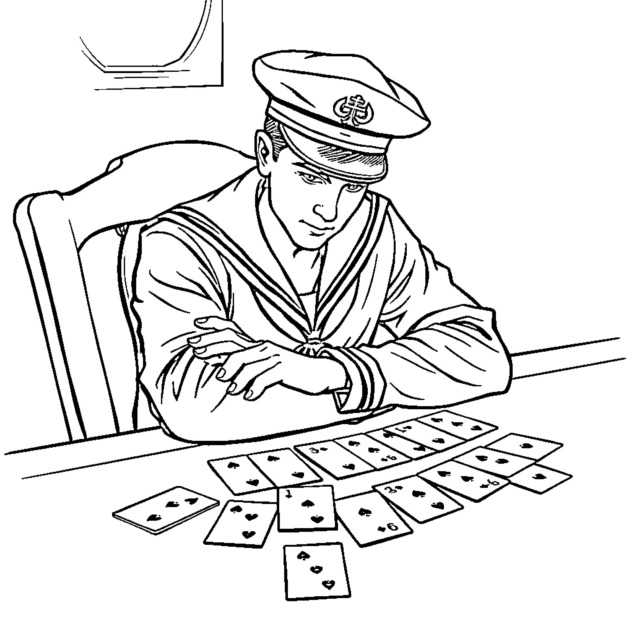 Sailor playing with cards on a table Coloring Page (free black-and-white line drawing printable PDF for all, from beginners to advanced learners, including children, teens, adults, and seniors)