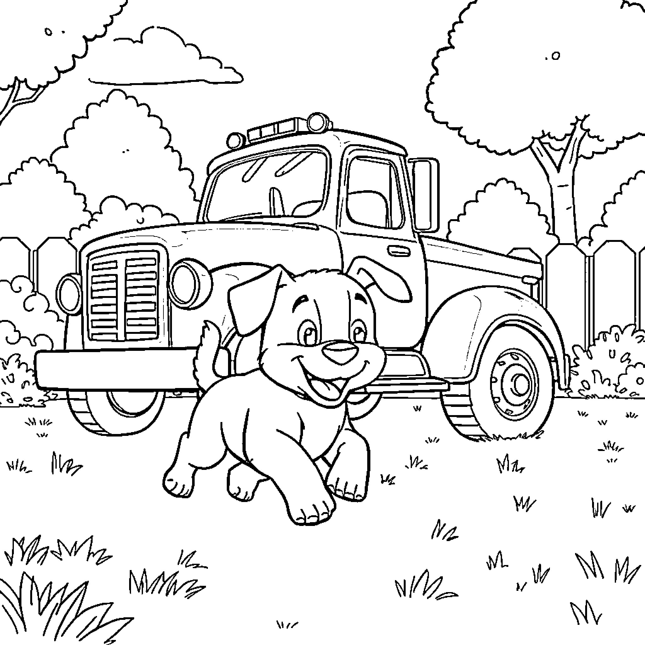 Puppin' Pup Plays with Truck in Countryside Coloring Page (free black-and-white line drawing printable PDF for all, from beginners to advanced learners, including children, teens, adults, and seniors)