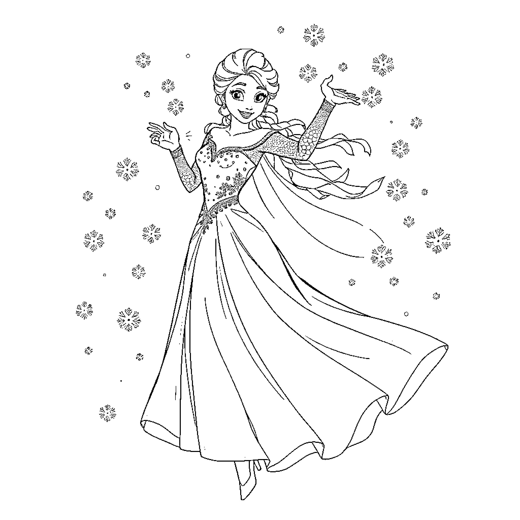 Elsa's Enchanted Winter Dance Coloring Page (free black-and-white line drawing printable PDF for all, from beginners to advanced learners, including children, teens, adults, and seniors)