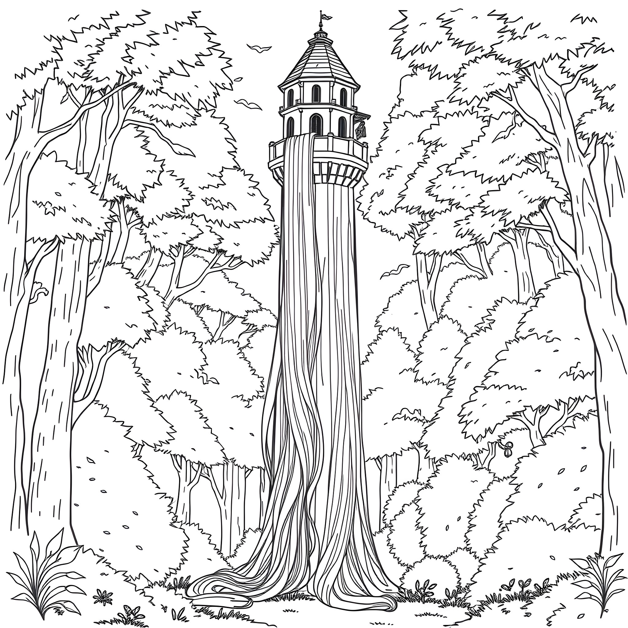 Giantess tower in a mystical forest Coloring Page (free black-and-white line drawing printable PDF for all, from beginners to advanced learners, including children, teens, adults, and seniors)