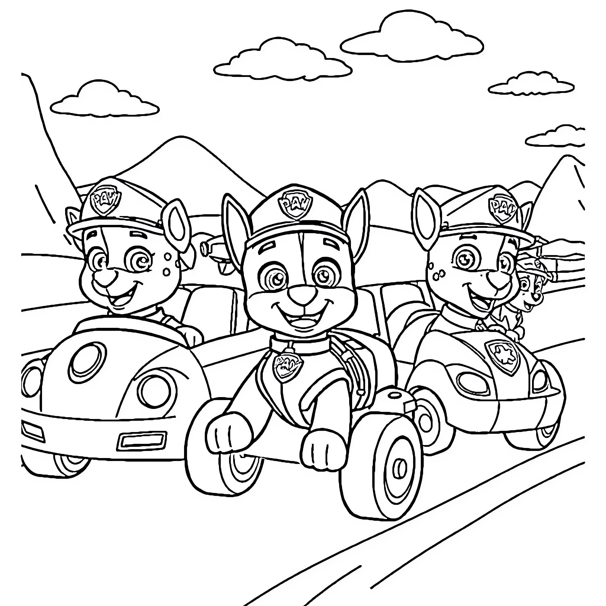 Paw Patrol Pups Driving Vehicles on Adventure Coloring Page (free black-and-white line drawing printable PDF for all, from beginners to advanced learners, including children, teens, adults, and seniors)