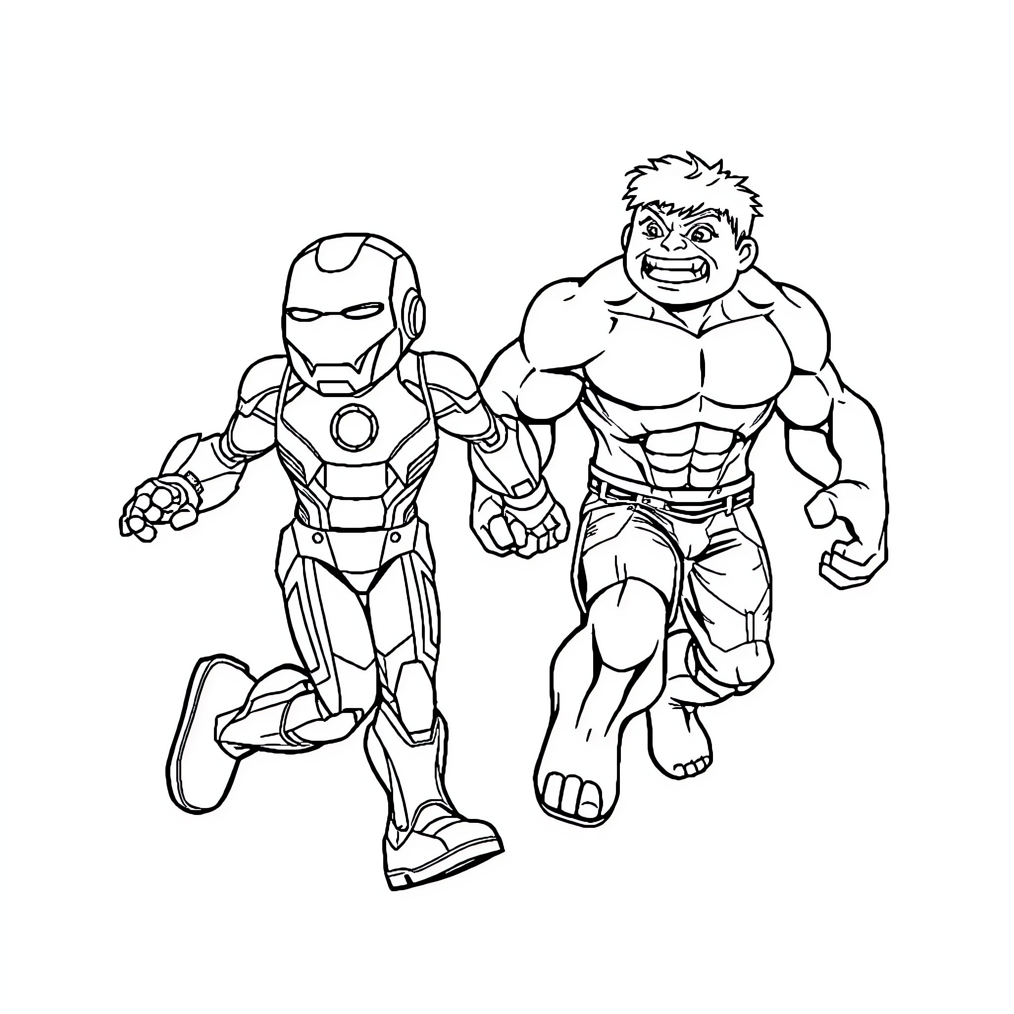 Ironman and Hulk battling heroically Coloring Page (free black-and-white line drawing printable PDF for all, from beginners to advanced learners, including children, teens, adults, and seniors)
