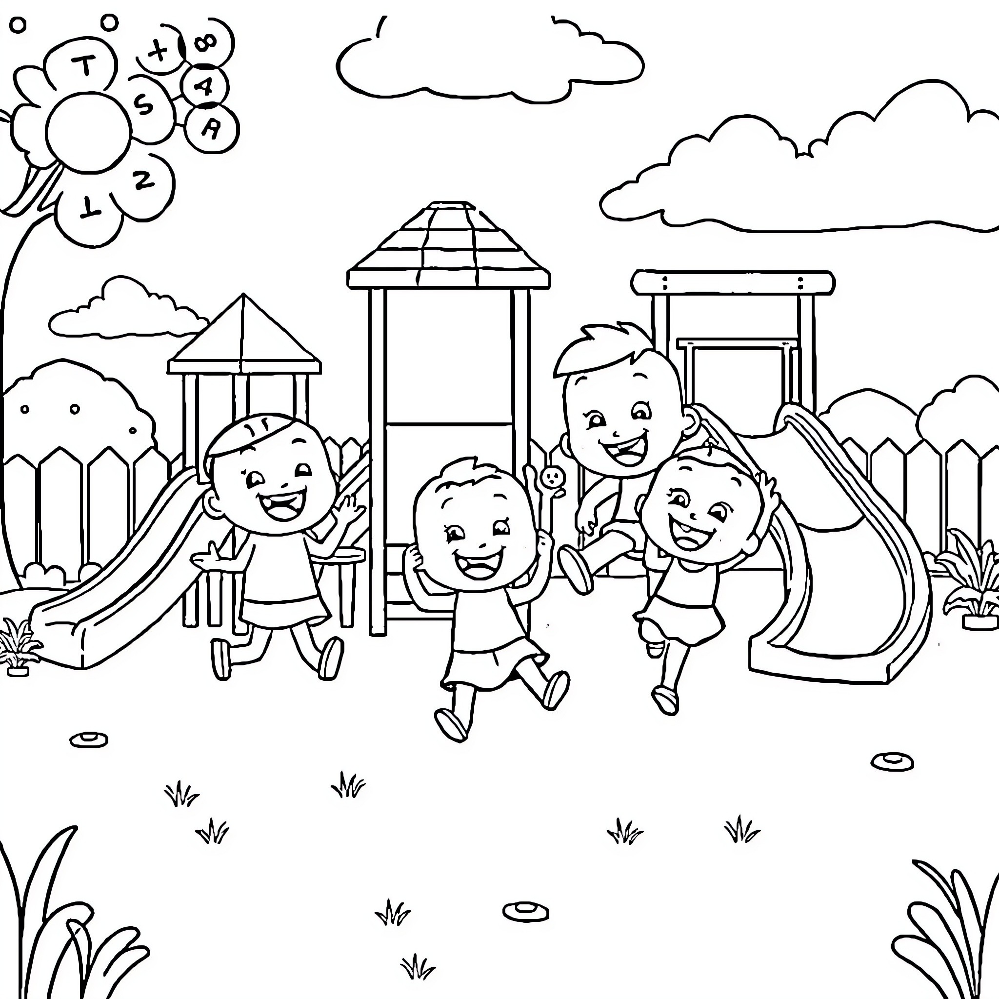 Bluey's Playground Adventure Coloring Page (free black-and-white line drawing printable PDF for all, from beginners to advanced learners, including children, teens, adults, and seniors)