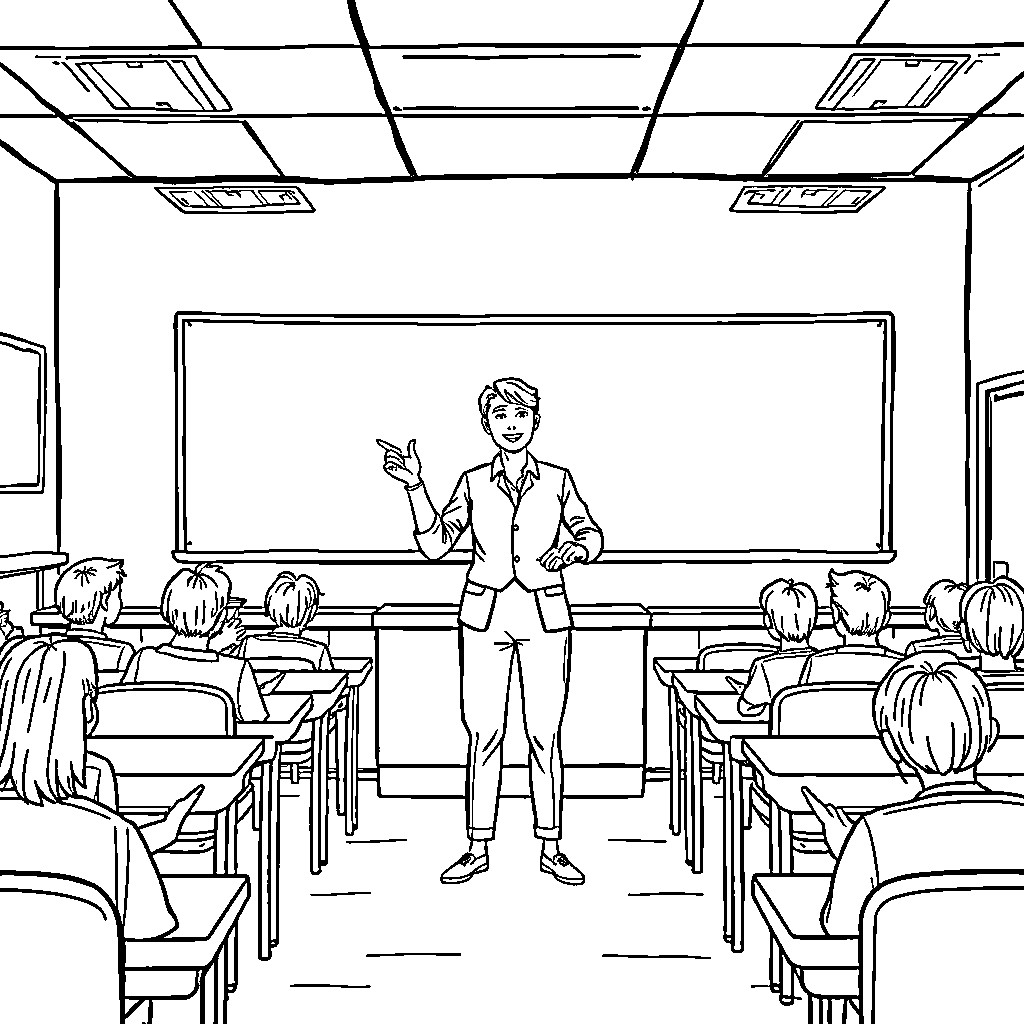 Teacher Instructing Students in Classroom Coloring Page (free black-and-white line drawing printable PDF for all, from beginners to advanced learners, including children, teens, adults, and seniors)