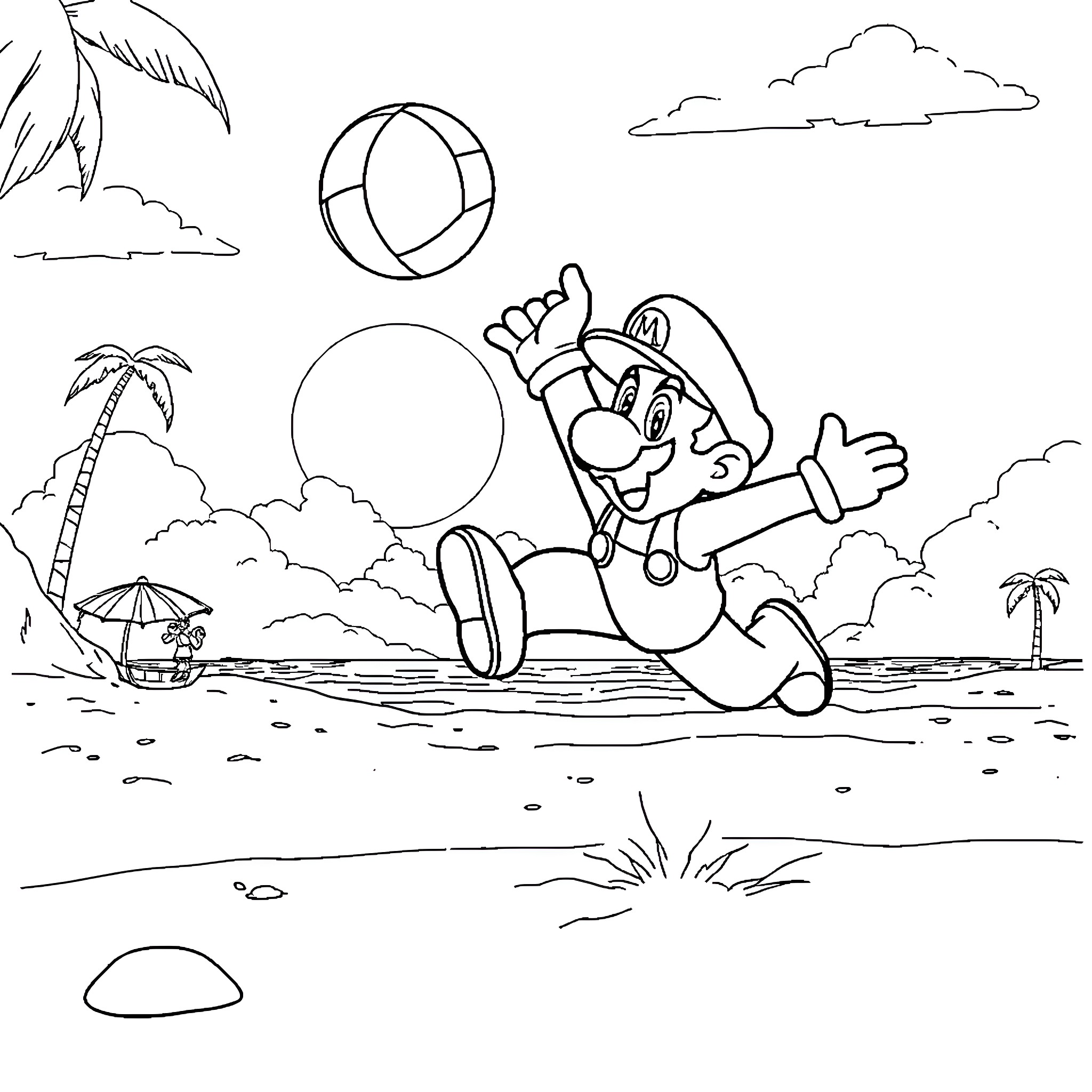 Mario enjoying a sunny day at the beach Coloring Page (free black-and-white line drawing printable PDF for all, from beginners to advanced learners, including children, teens, adults, and seniors)