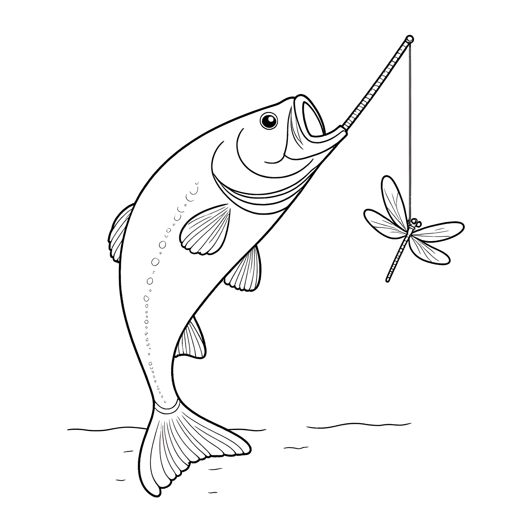 Bass fish chasing a dragonfly in the water Coloring Page (free black-and-white line drawing printable PDF for all, from beginners to advanced learners, including children, teens, adults, and seniors)