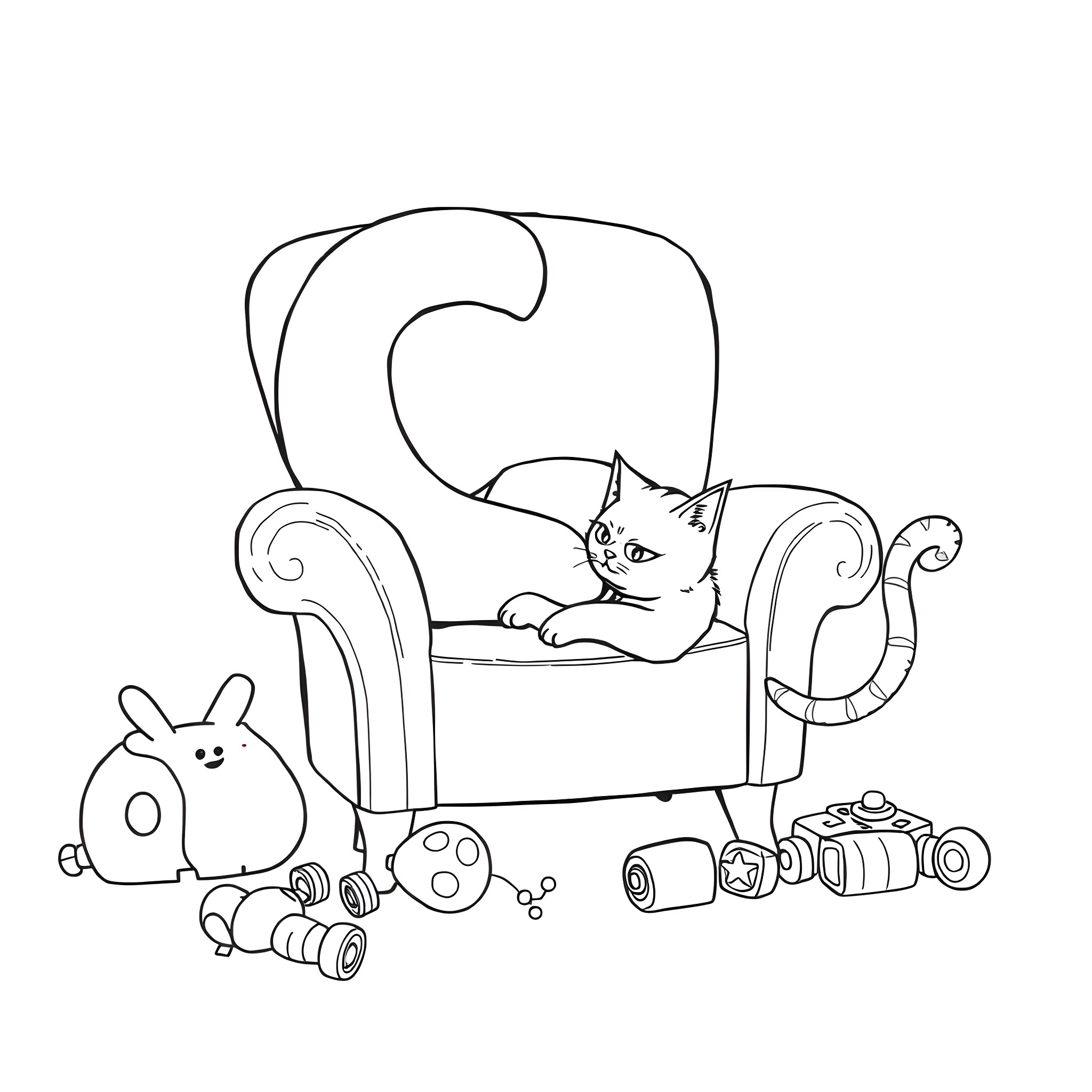 Cat lounging on a chair with toys Coloring Page (free black-and-white line drawing printable PDF for all, from beginners to advanced learners, including children, teens, adults, and seniors)