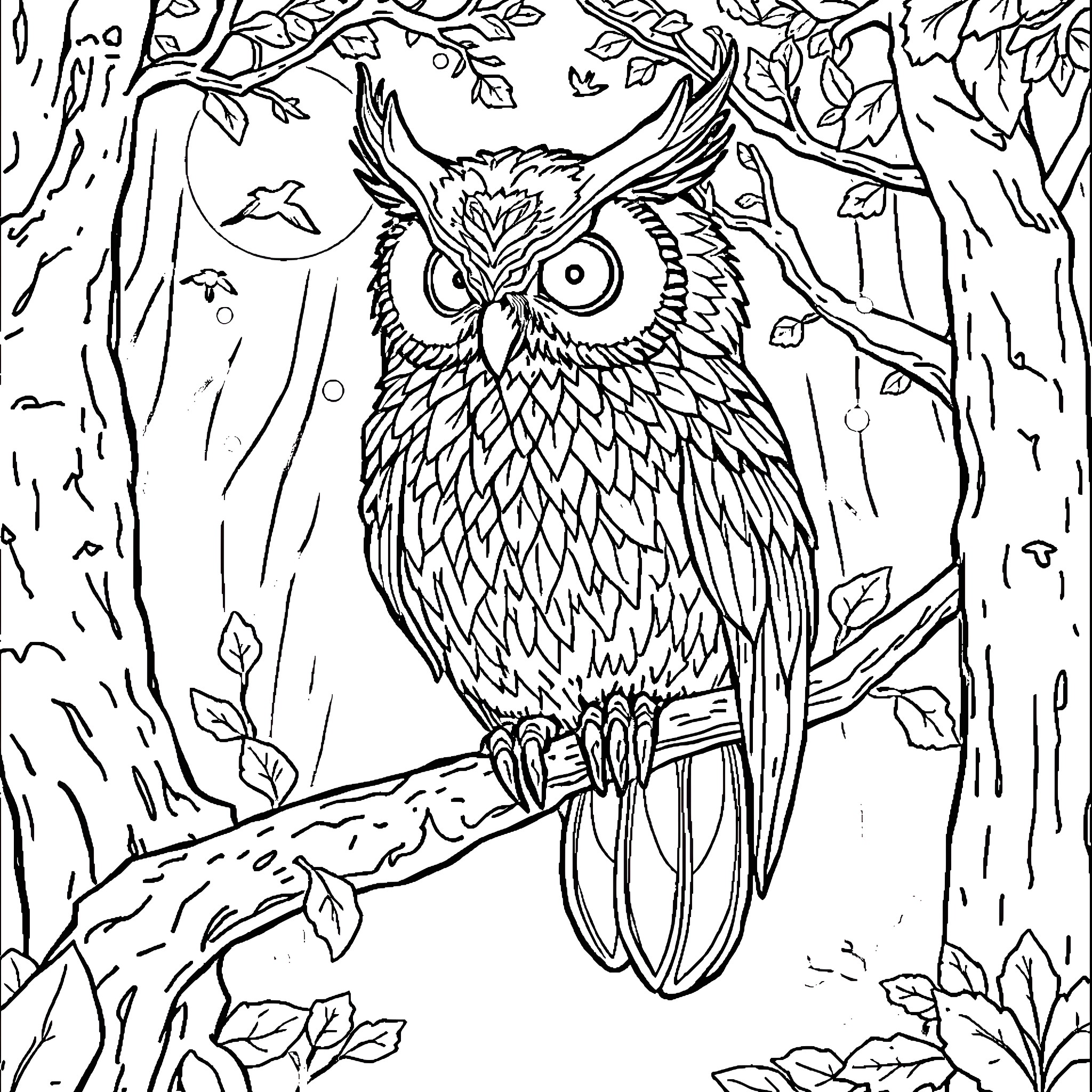 Owl perched in the enchanting forest Coloring Page (free black-and-white line drawing printable PDF for all, from beginners to advanced learners, including children, teens, adults, and seniors)