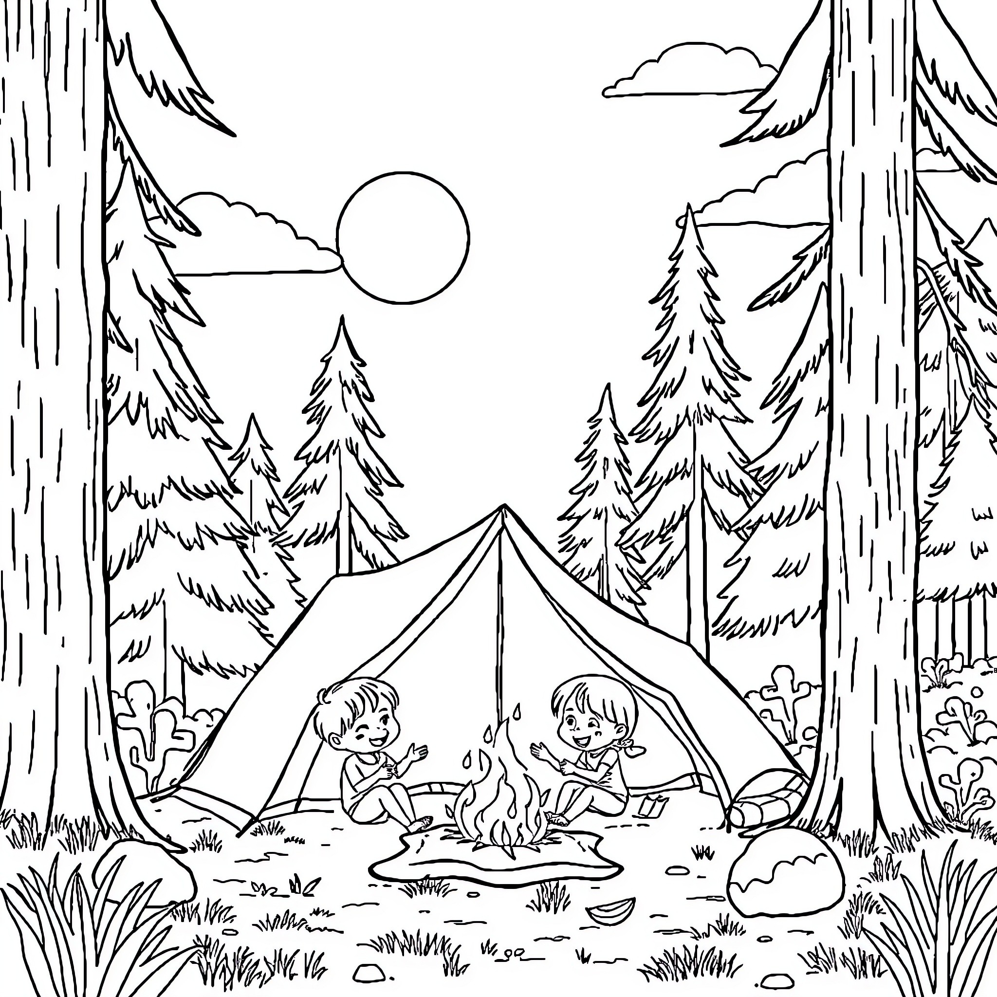 Kid camping in the serene forest Coloring Page (free black-and-white line drawing printable PDF for all, from beginners to advanced learners, including children, teens, adults, and seniors)