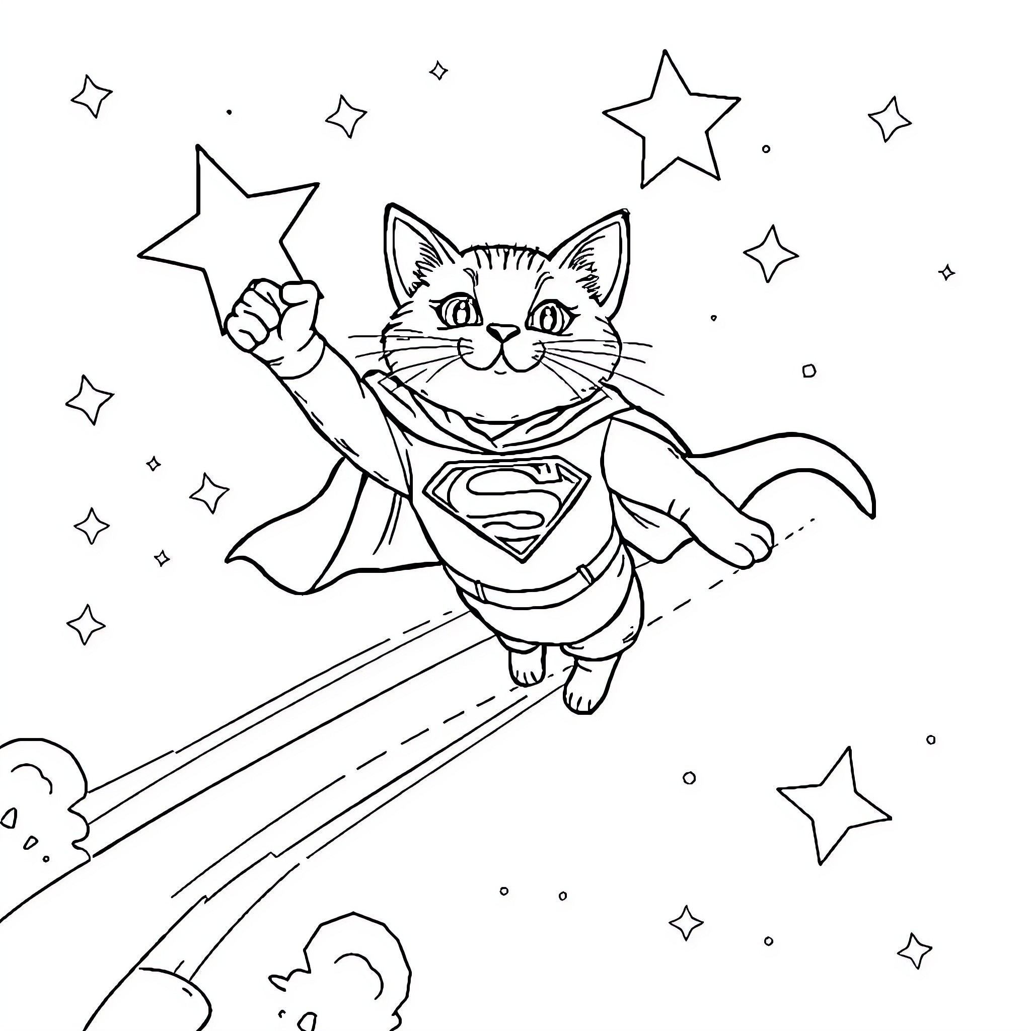 Flying Cat superhero soaring through the stars Coloring Page (free black-and-white line drawing printable PDF for all, from beginners to advanced learners, including children, teens, adults, and seniors)