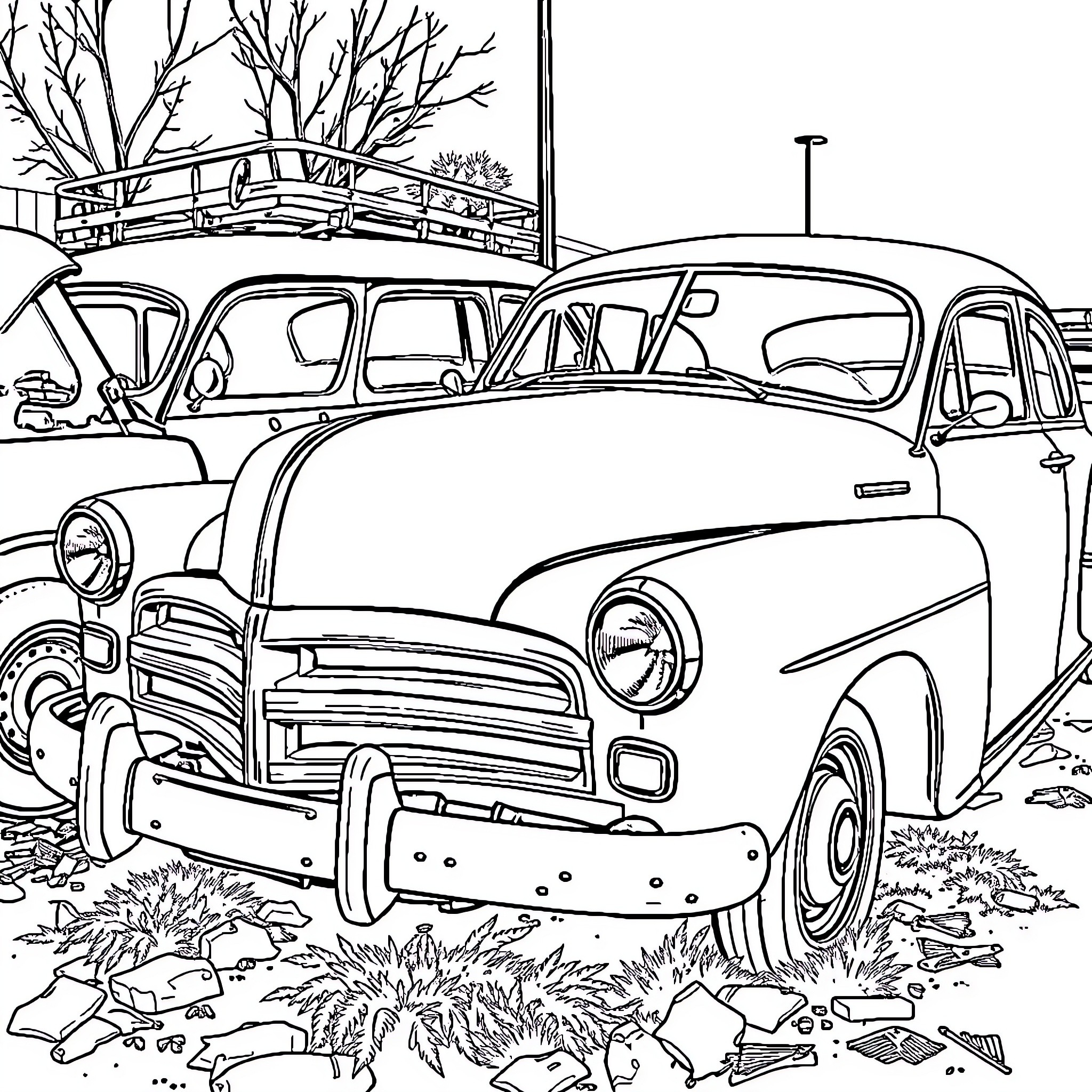 Car parked in a rustic outdoor setting Coloring Page (free black-and-white line drawing printable PDF for all, from beginners to advanced learners, including children, teens, adults, and seniors)