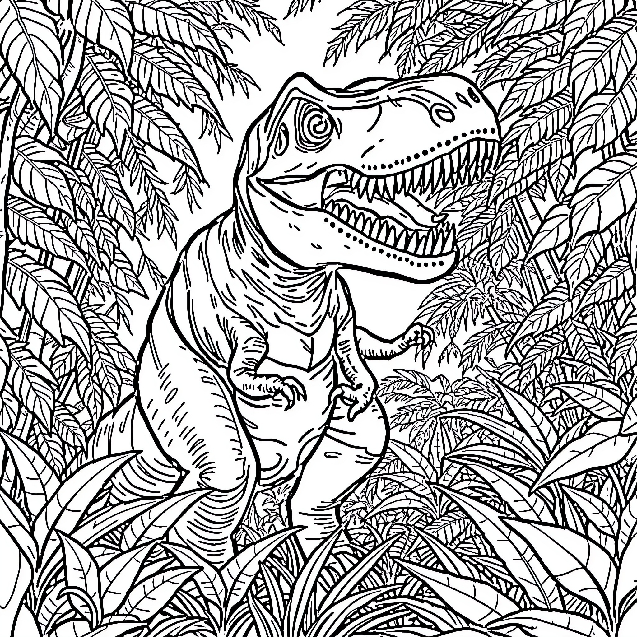 T-Rex roaring fiercely in the lush jungle Coloring Page (free black-and-white line drawing printable PDF for all, from beginners to advanced learners, including children, teens, adults, and seniors)