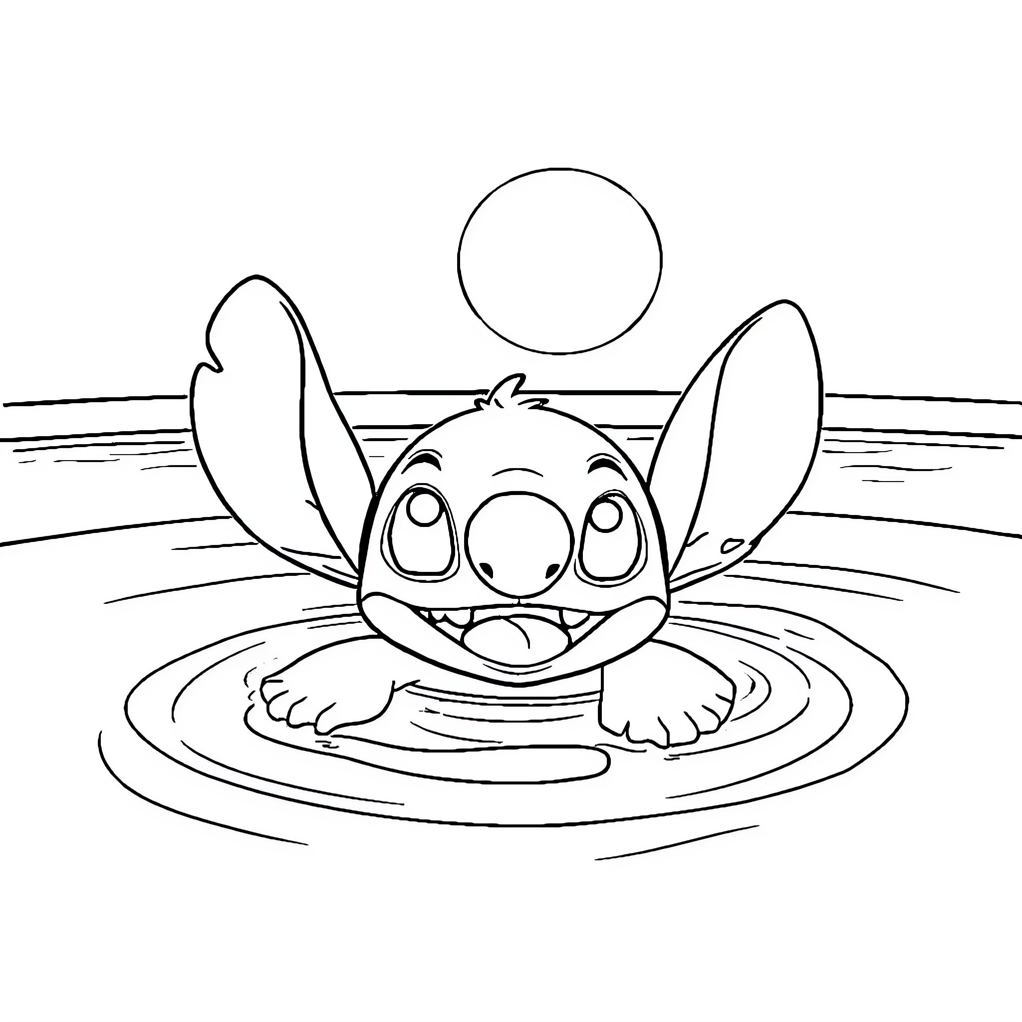 Stitch enjoying a pool day Coloring Page (free black-and-white line drawing printable PDF for all, from beginners to advanced learners, including children, teens, adults, and seniors)