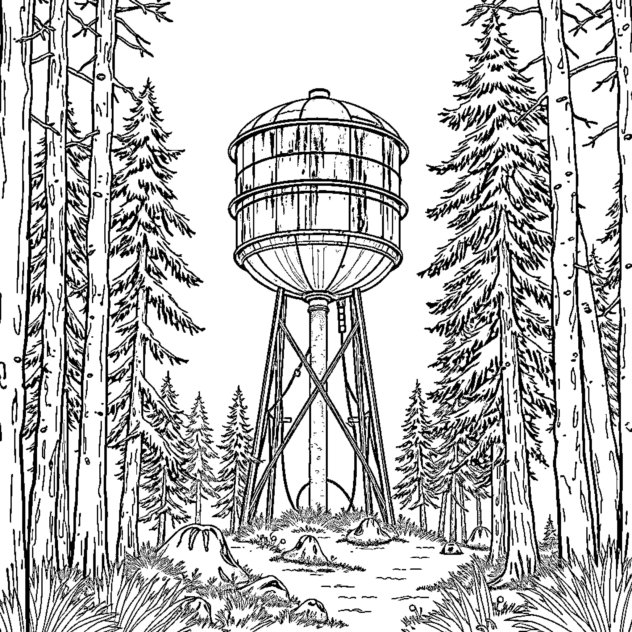 Water Tower in the Forested Landscape Coloring Page (free black-and-white line drawing printable PDF for all, from beginners to advanced learners, including children, teens, adults, and seniors)