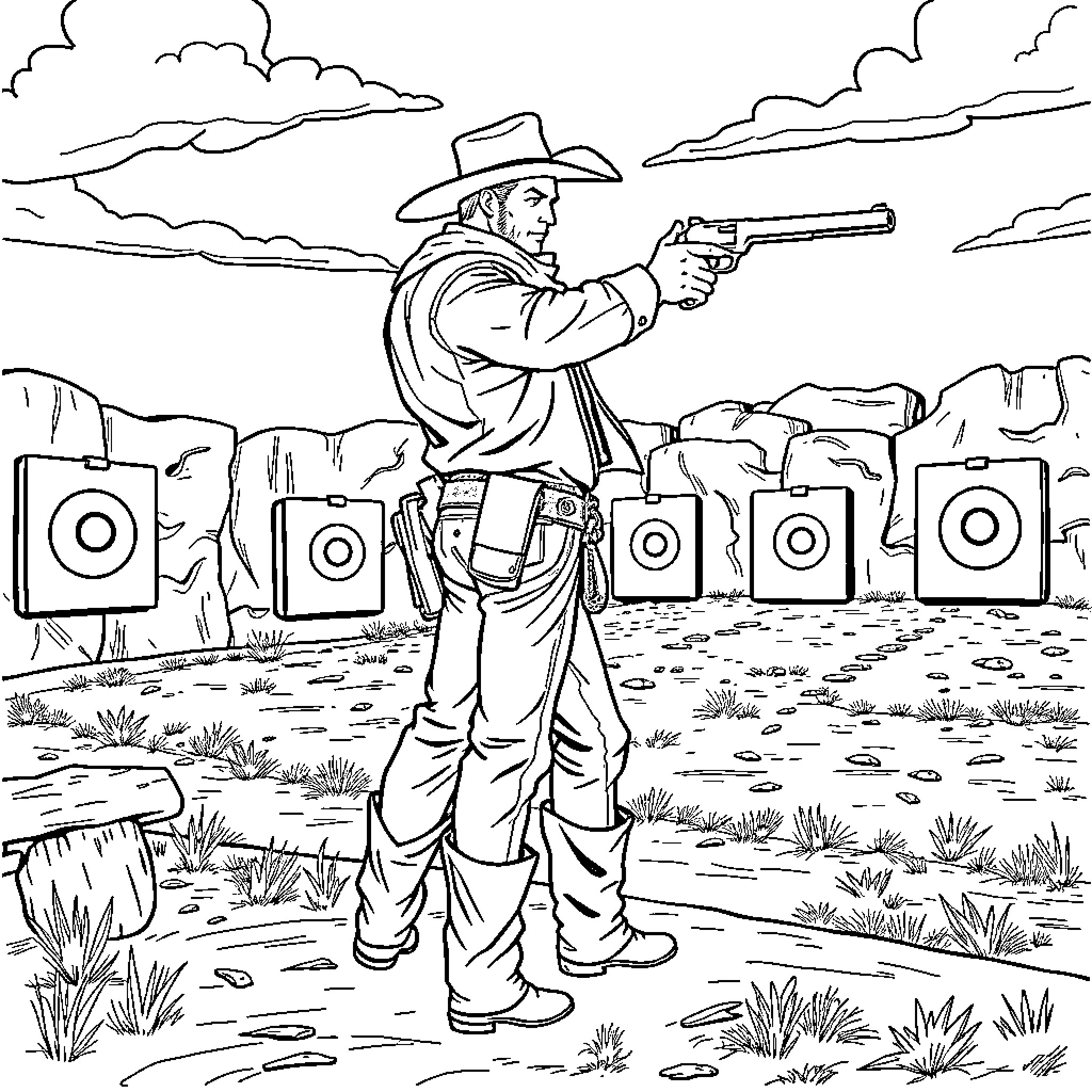 Cowboy shooting at targets in the desert Coloring Page (free black-and-white line drawing printable PDF for all, from beginners to advanced learners, including children, teens, adults, and seniors)