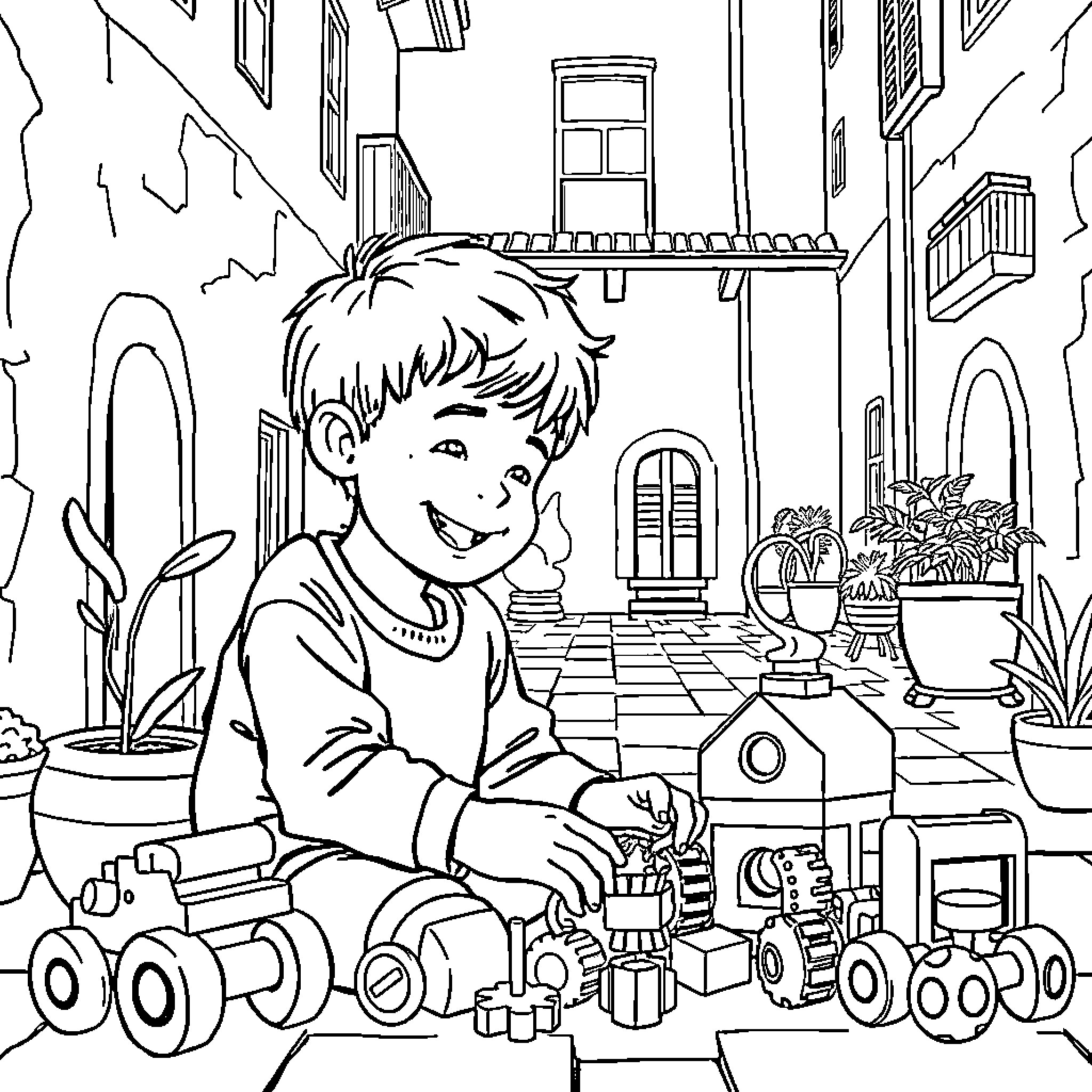 Boy plays joyfully with toy vehicles in urban courtyard Coloring Page (free black-and-white line drawing printable PDF for all, from beginners to advanced learners, including children, teens, adults, and seniors)