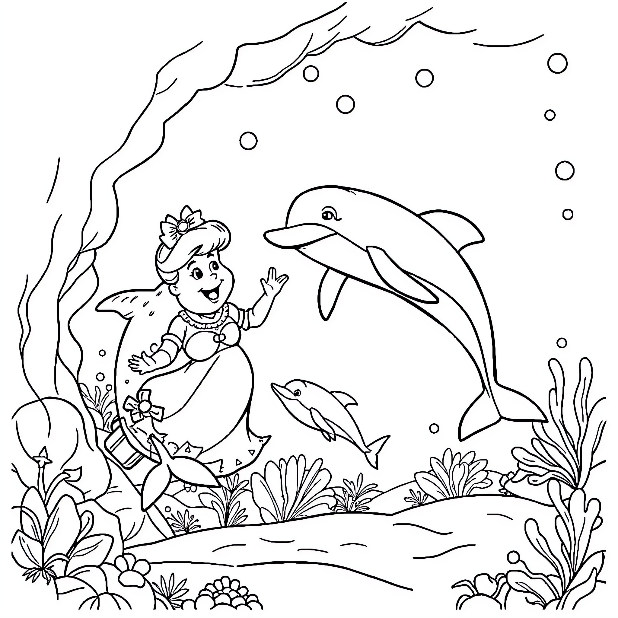 Mrs Potts underwater adventure with dolphins Coloring Page (free black-and-white line drawing printable PDF for all, from beginners to advanced learners, including children, teens, adults, and seniors)