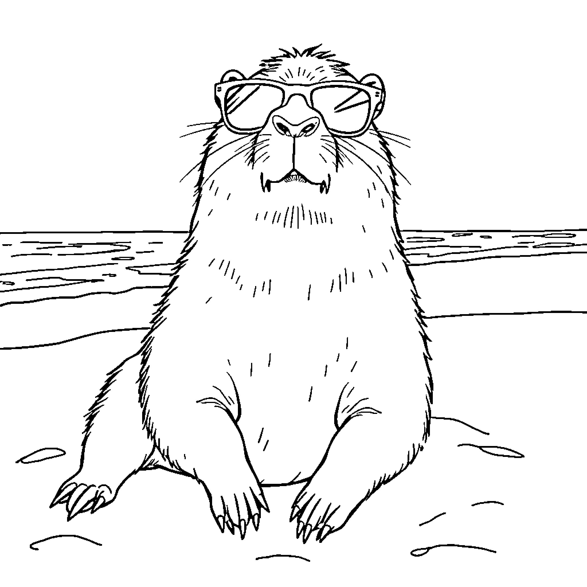 Capybara relaxing on the beach with sunglasses Coloring Page (free black-and-white line drawing printable PDF for all, from beginners to advanced learners, including children, teens, adults, and seniors)