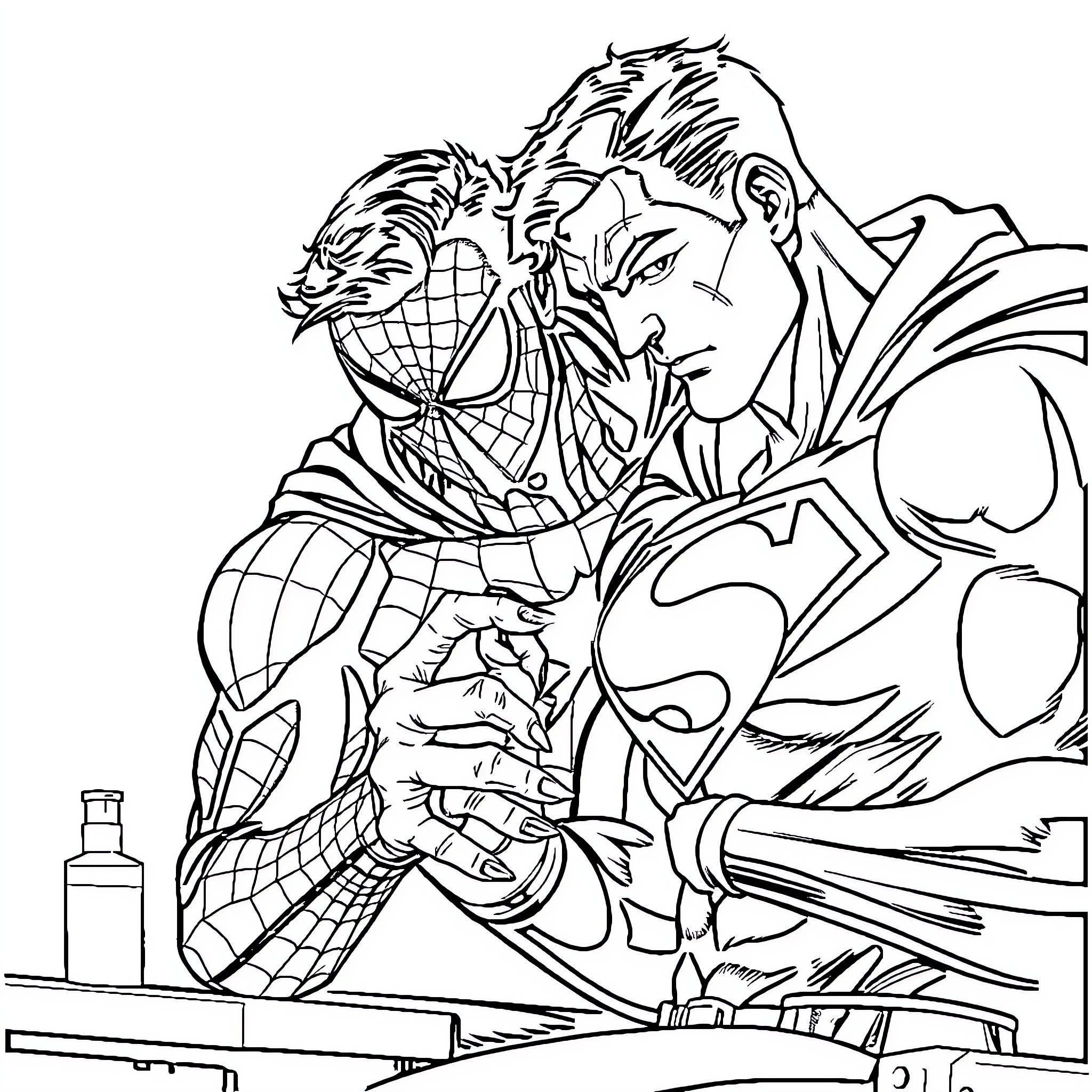Superman battling ferocious villain in dramatic showdown Coloring Page (free black-and-white line drawing printable PDF for all, from beginners to advanced learners, including children, teens, adults, and seniors)