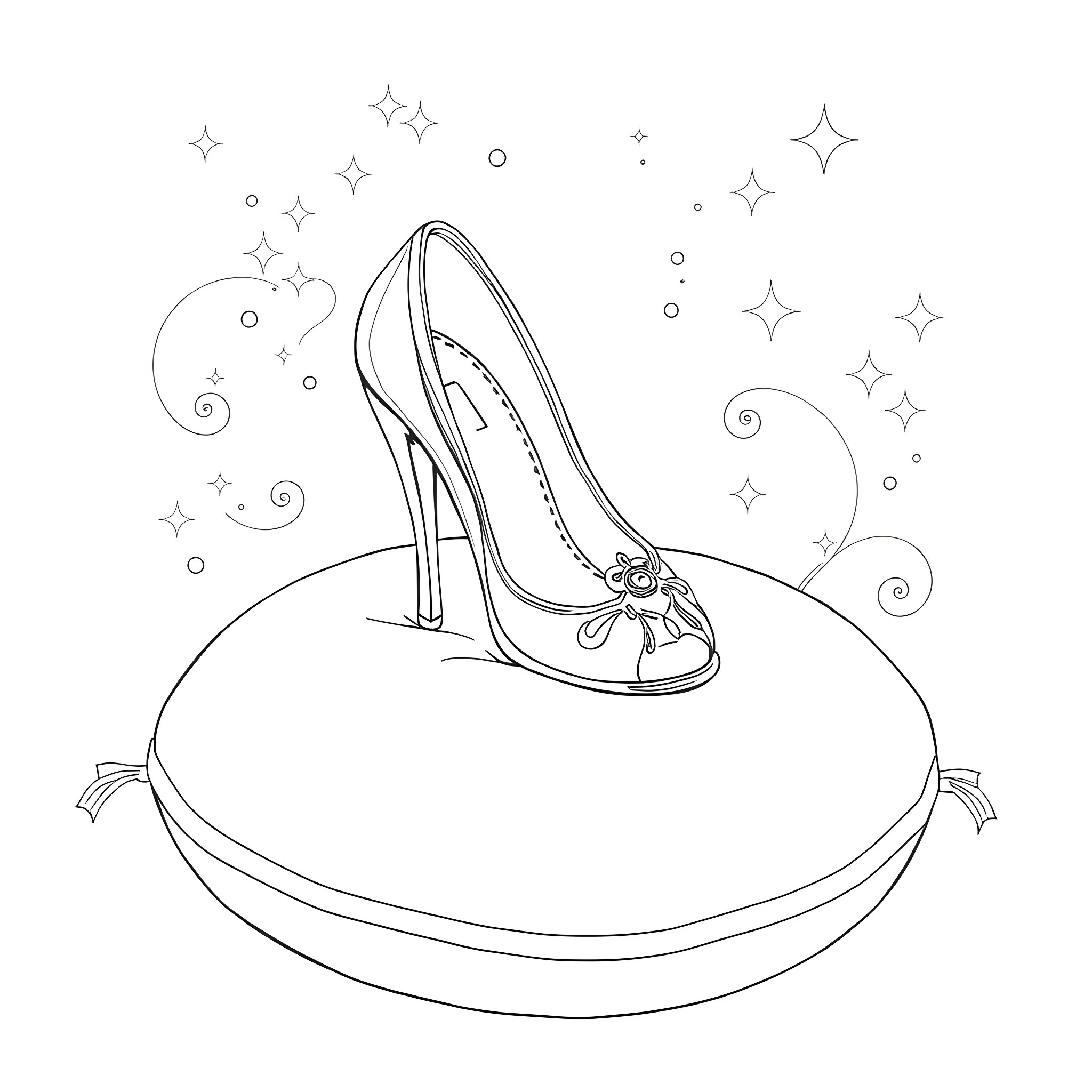 Cinderella's Magical Glass Slipper Coloring Page (free black-and-white line drawing printable PDF for all, from beginners to advanced learners, including children, teens, adults, and seniors)