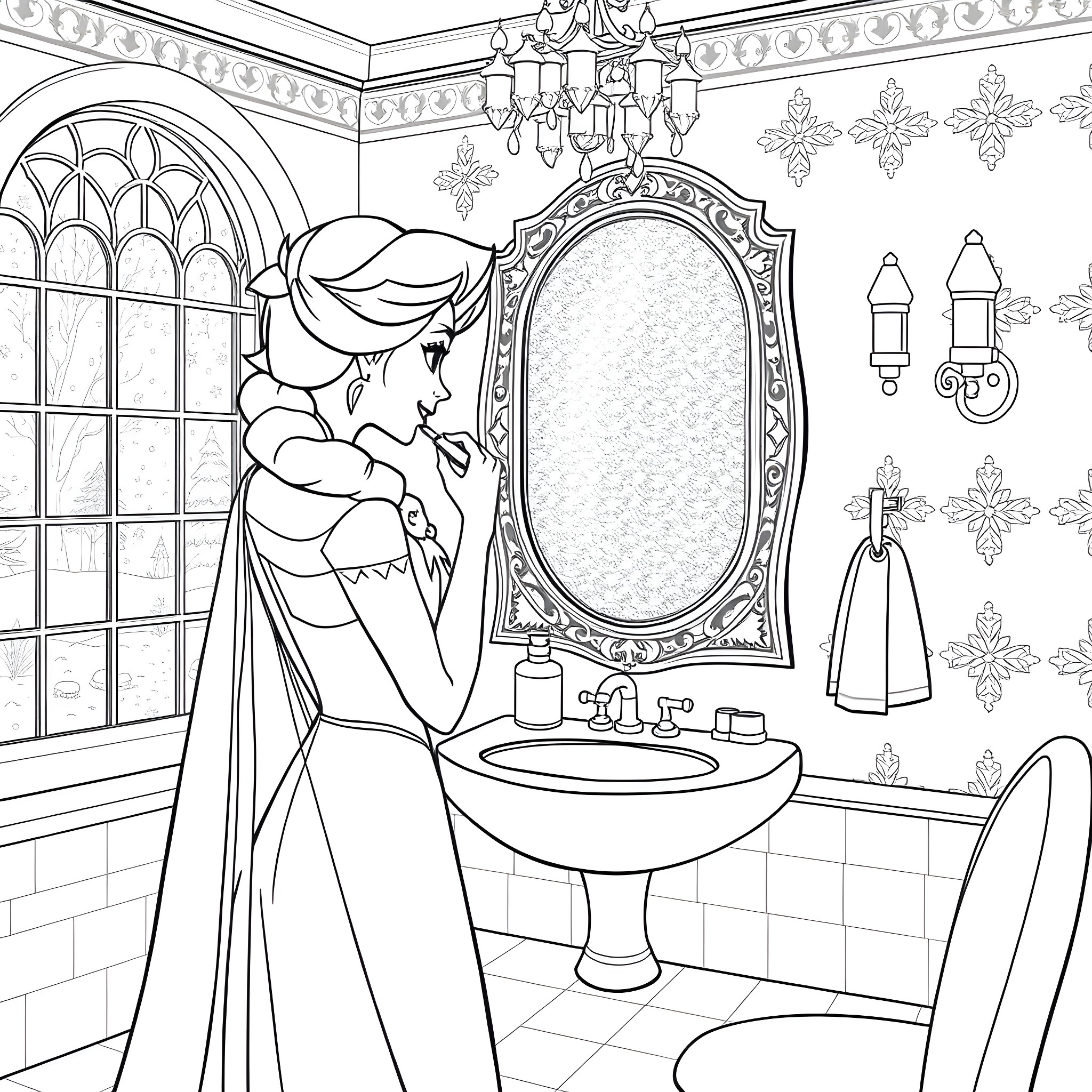 Elsa Admiring Her Reflection in the Mirror Coloring Page (free black-and-white line drawing printable PDF for all, from beginners to advanced learners, including children, teens, adults, and seniors)