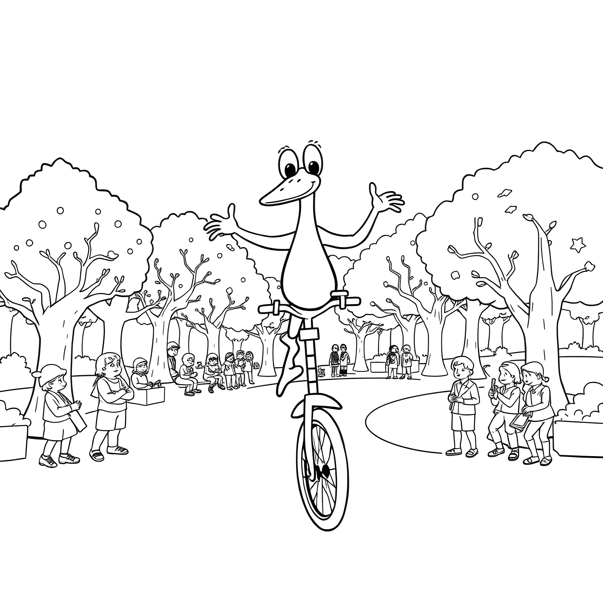 Perry's Unicycle Antics in the Park Coloring Page (free black-and-white line drawing printable PDF for all, from beginners to advanced learners, including children, teens, adults, and seniors)