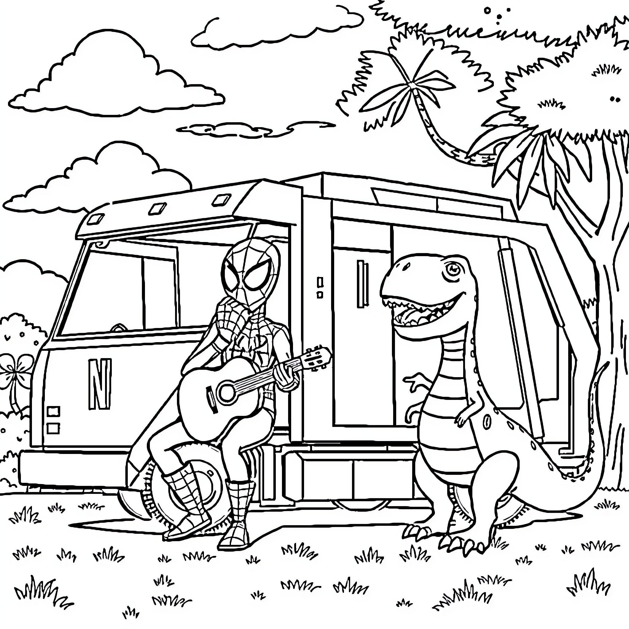 Trash Truck Crew Enjoying a Roadside Adventure Coloring Page (free black-and-white line drawing printable PDF for all, from beginners to advanced learners, including children, teens, adults, and seniors)