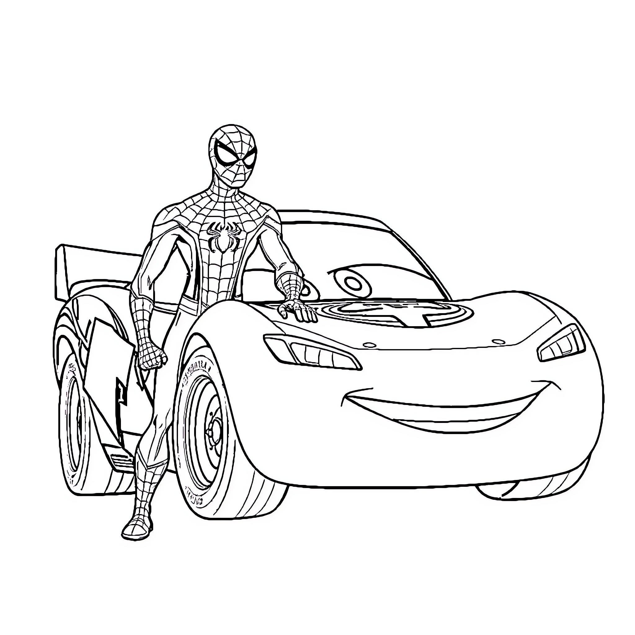 Flash McQueen superhero with sports car adventure Coloring Page (free black-and-white line drawing printable PDF for all, from beginners to advanced learners, including children, teens, adults, and seniors)