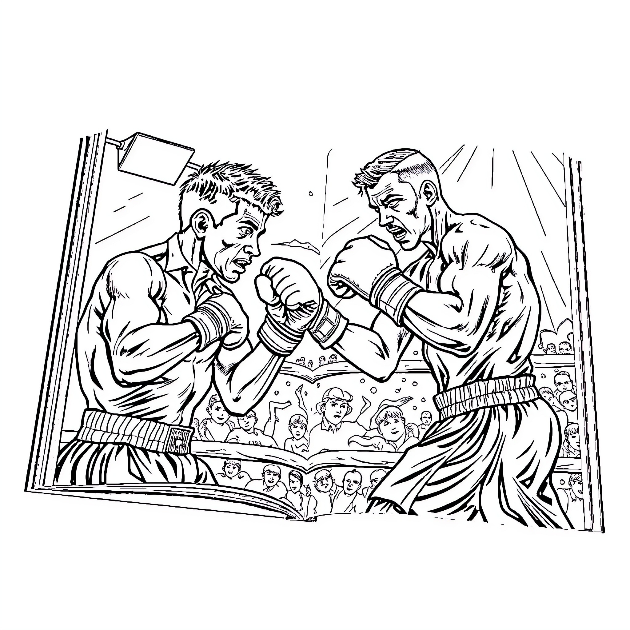 Boxing Match Between Two Determined Opponents Coloring Page (free black-and-white line drawing printable PDF for all, from beginners to advanced learners, including children, teens, adults, and seniors)