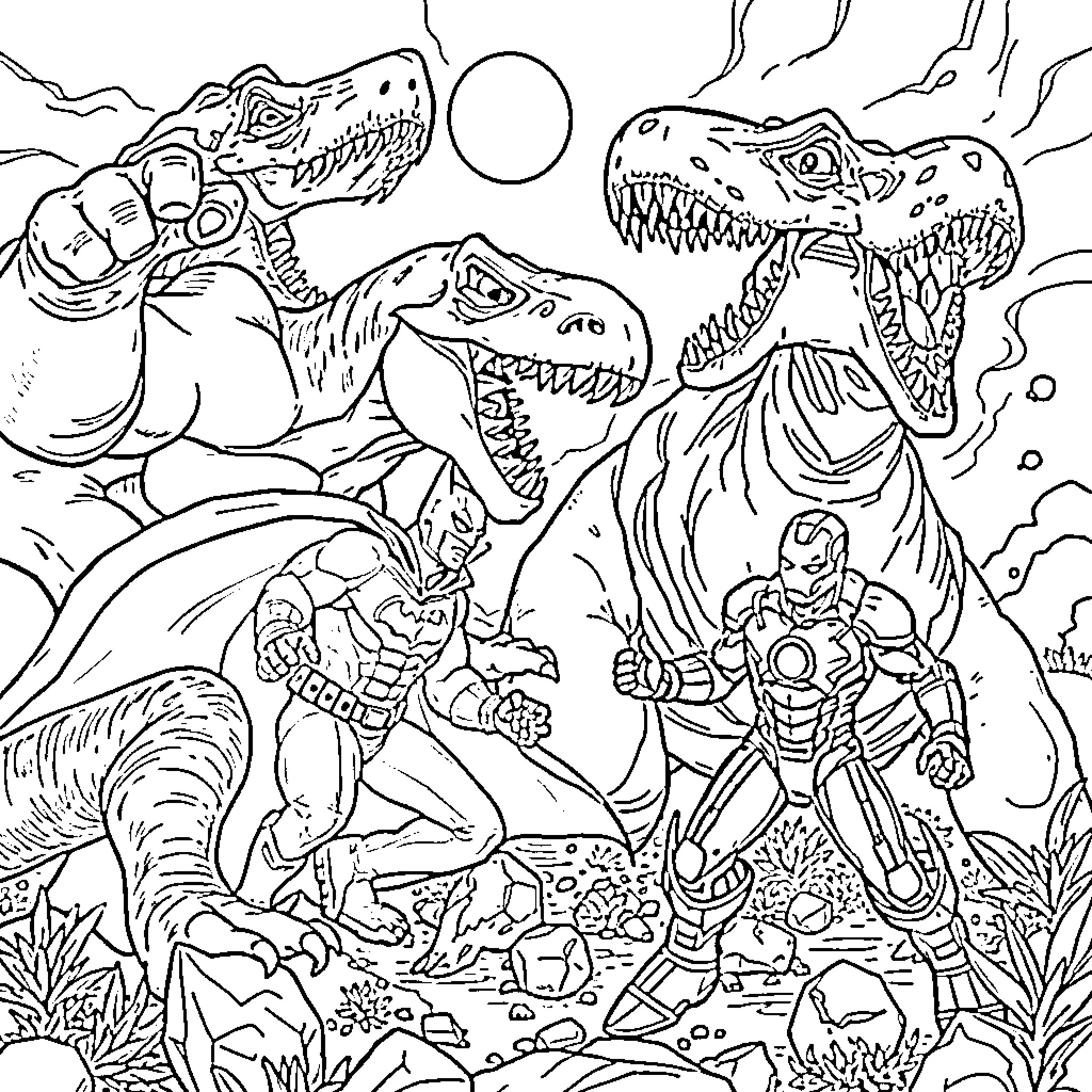 Dinosaur battle with robot warrior Coloring Page (free black-and-white line drawing printable PDF for all, from beginners to advanced learners, including children, teens, adults, and seniors)