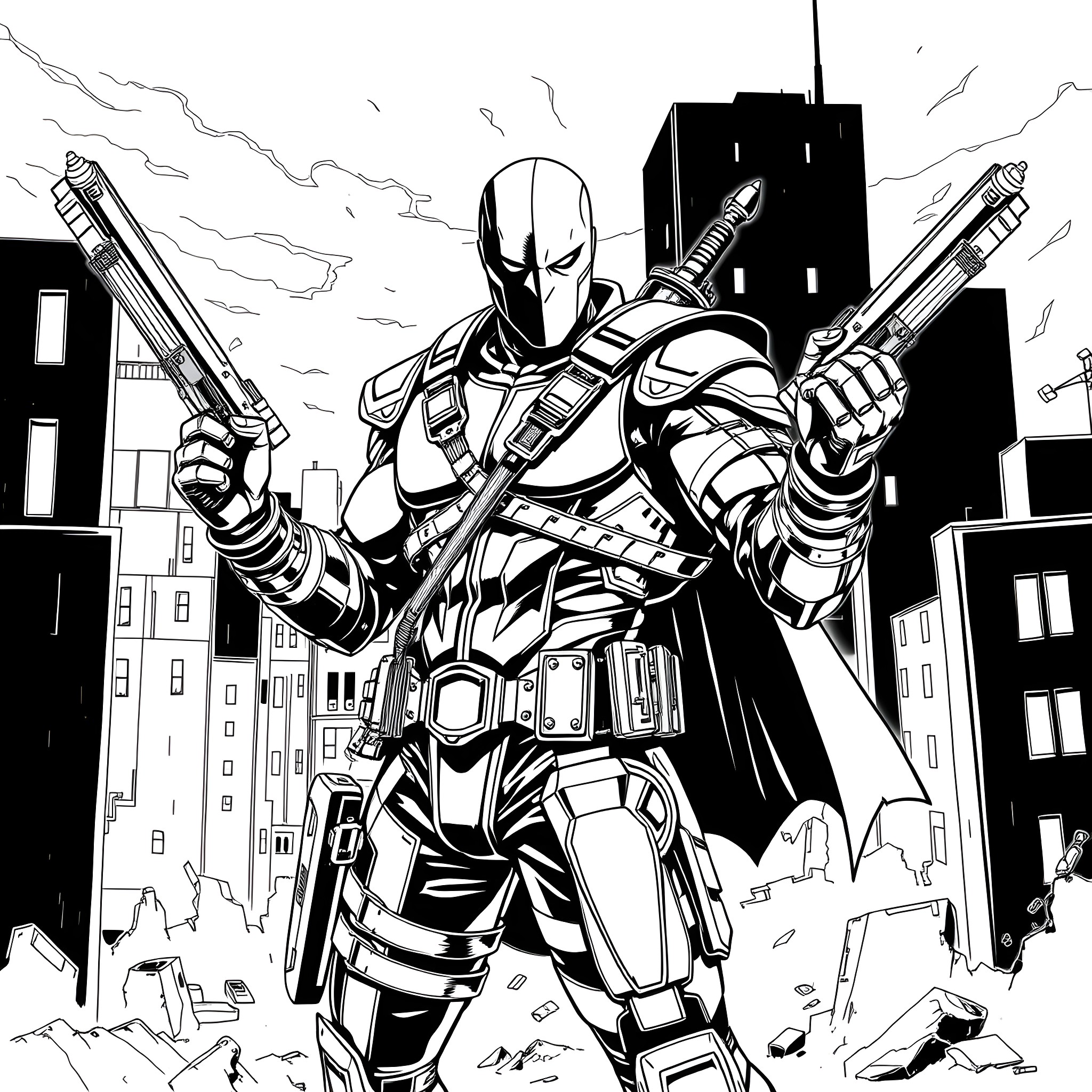 Deathstroke wielding dual pistols in a city landscape Coloring Page (free black-and-white line drawing printable PDF for all, from beginners to advanced learners, including children, teens, adults, and seniors)