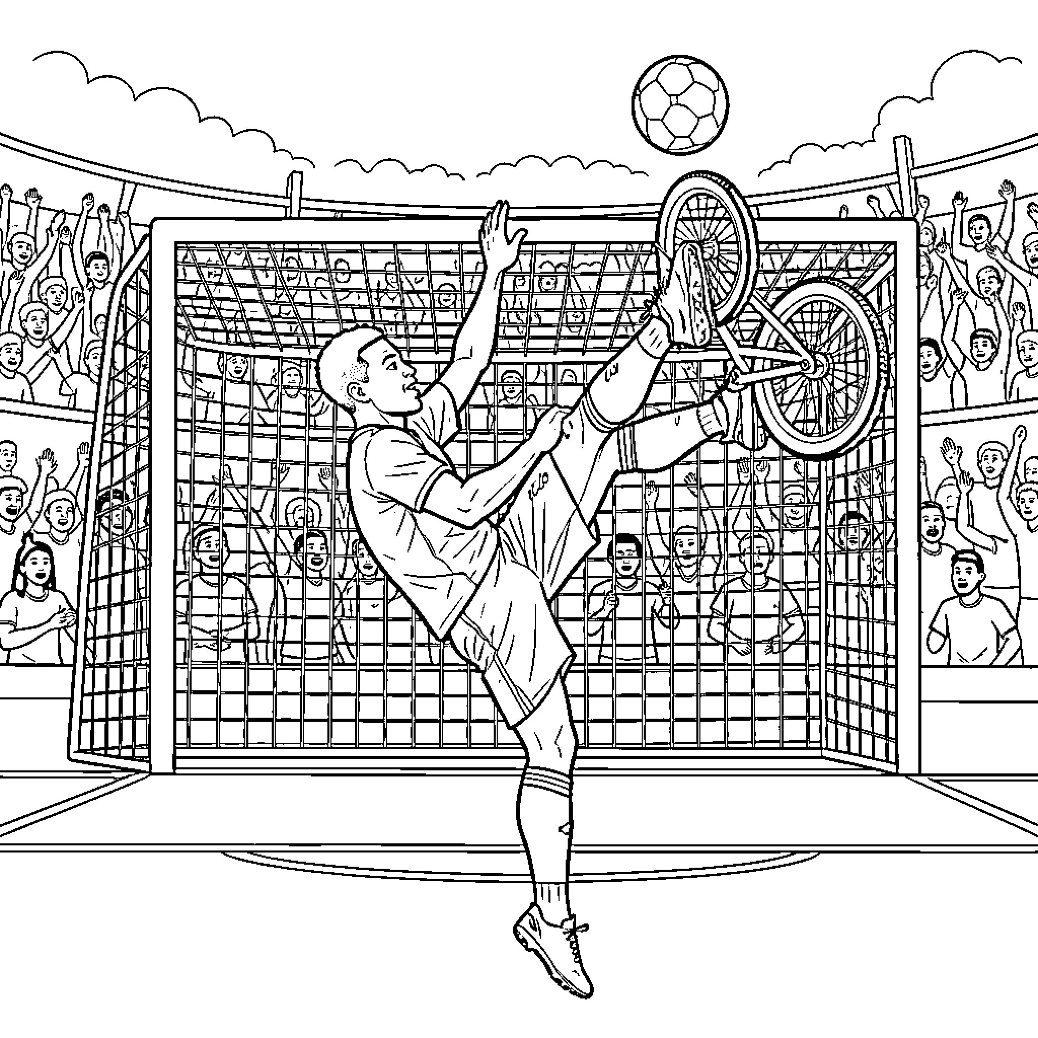 Mbappe performing a high kick near a bicycle Coloring Page (free black-and-white line drawing printable PDF for all, from beginners to advanced learners, including children, teens, adults, and seniors)