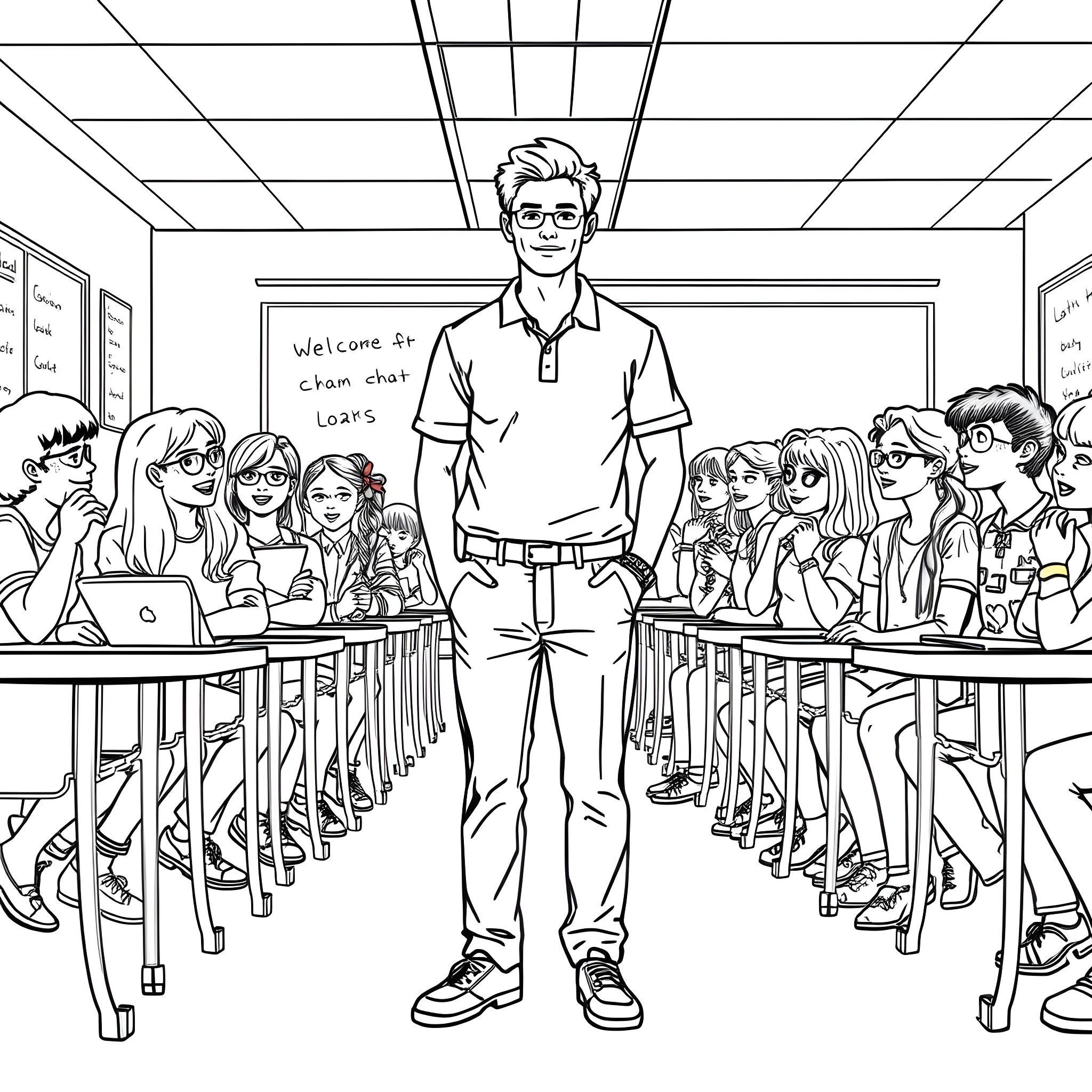 Classroom Scene with Teacher and Students Coloring Page (free black-and-white line drawing printable PDF for all, from beginners to advanced learners, including children, teens, adults, and seniors)
