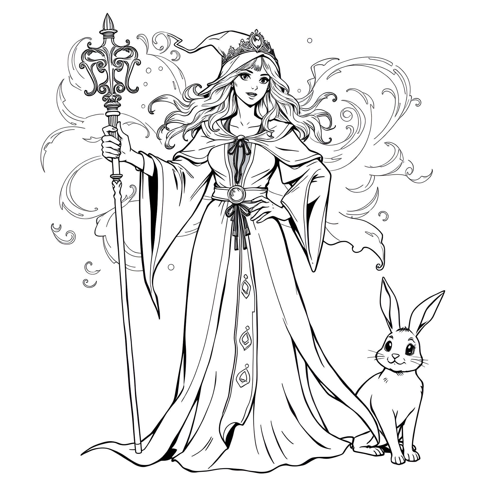 Agatha Harkness - Sorceress wielding powerful staff, accompanied by rabbit Coloring Page (free black-and-white line drawing printable PDF for all, from beginners to advanced learners, including children, teens, adults, and seniors)