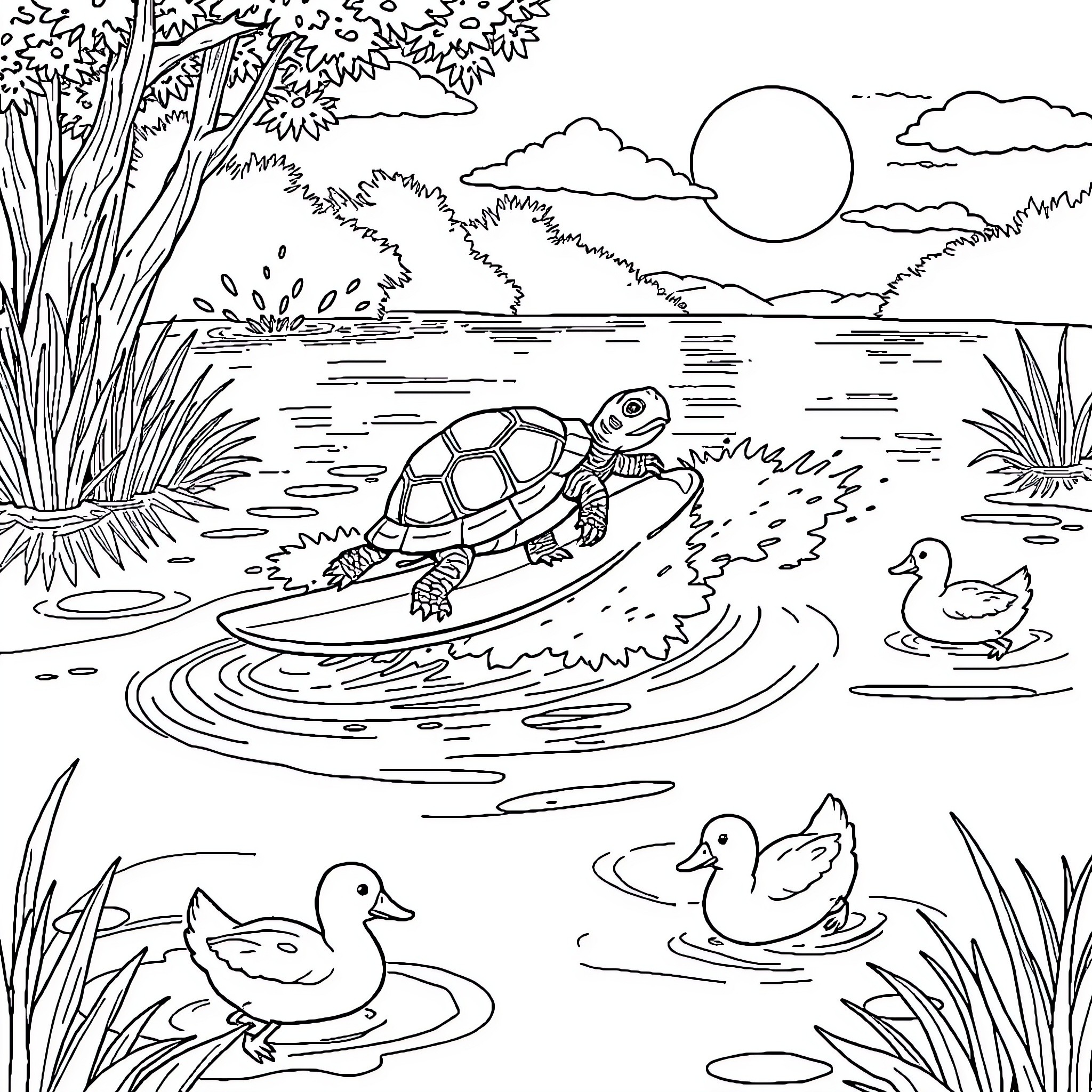 Turtle surfing the pond with ducks Coloring Page (free black-and-white line drawing printable PDF for all, from beginners to advanced learners, including children, teens, adults, and seniors)