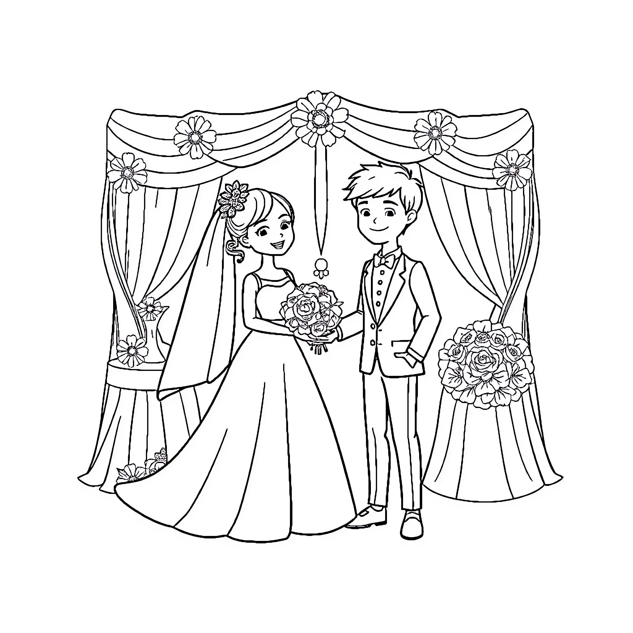 Wedding ceremony with bride and groom at altar Coloring Page (free black-and-white line drawing printable PDF for all, from beginners to advanced learners, including children, teens, adults, and seniors)