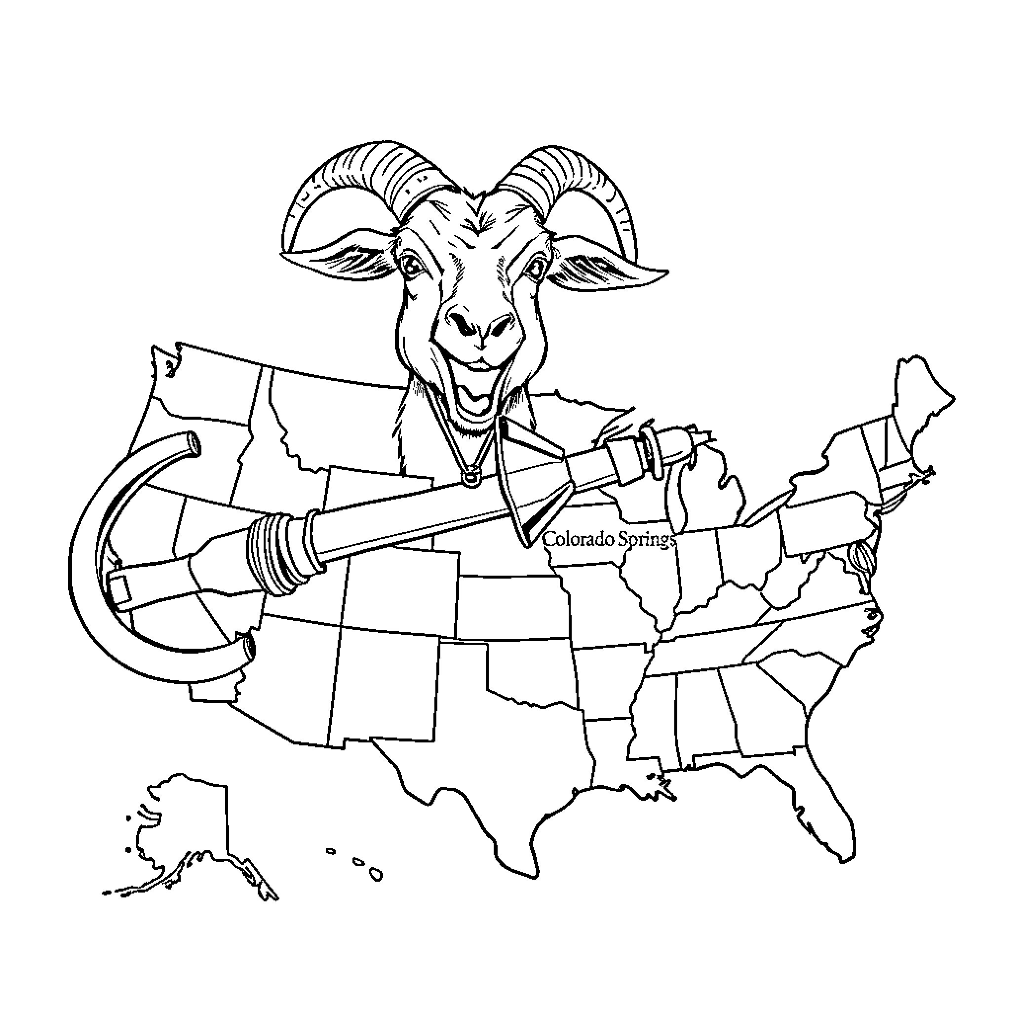 Goat wielding a mighty axe against the United States Coloring Page (free black-and-white line drawing printable PDF for all, from beginners to advanced learners, including children, teens, adults, and seniors)