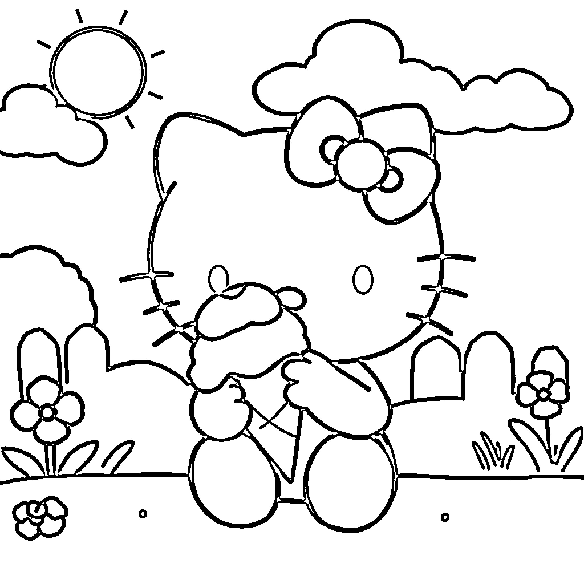 Hello Kitty enjoying a sunny day outdoors Coloring Page (free black-and-white line drawing printable PDF for all, from beginners to advanced learners, including children, teens, adults, and seniors)