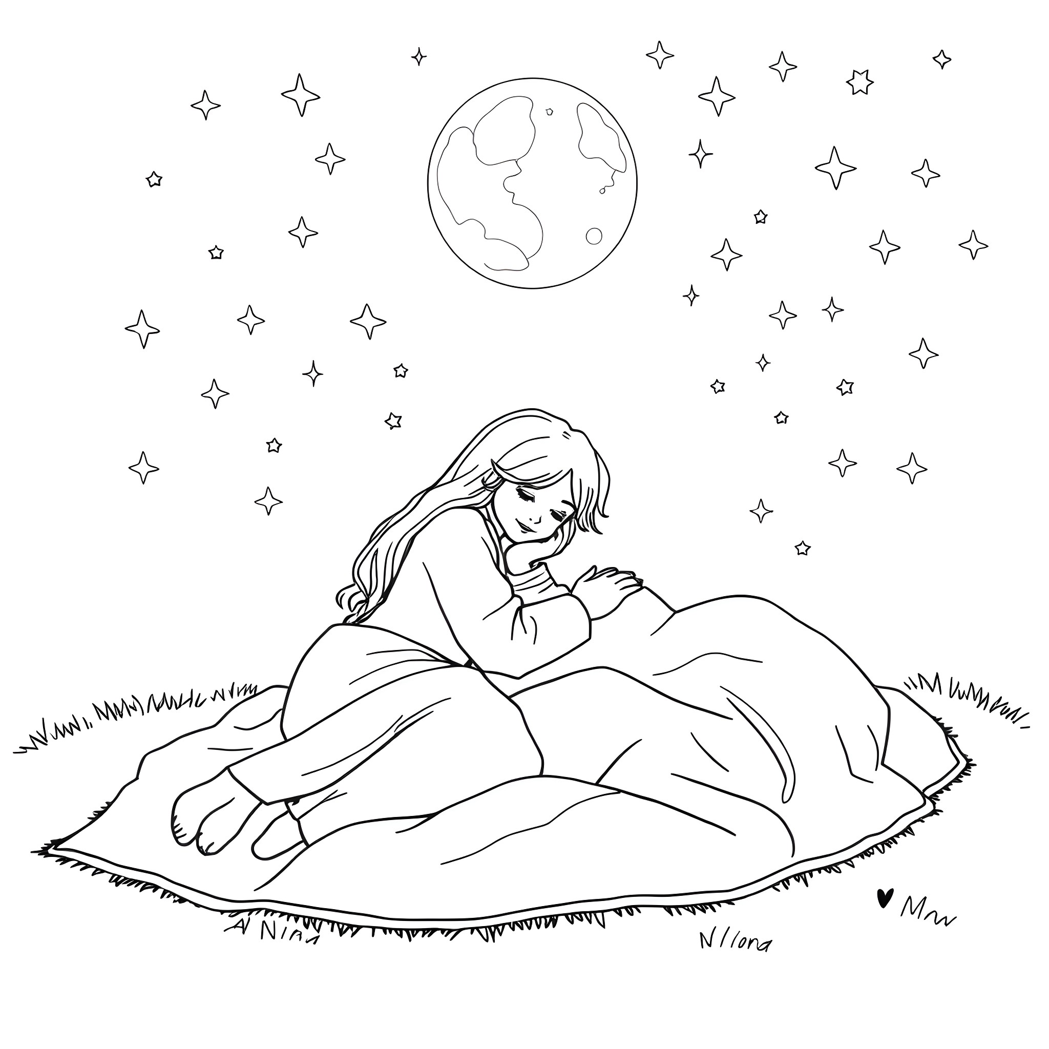 Couple stargazing under the night sky Coloring Page (free black-and-white line drawing printable PDF for all, from beginners to advanced learners, including children, teens, adults, and seniors)