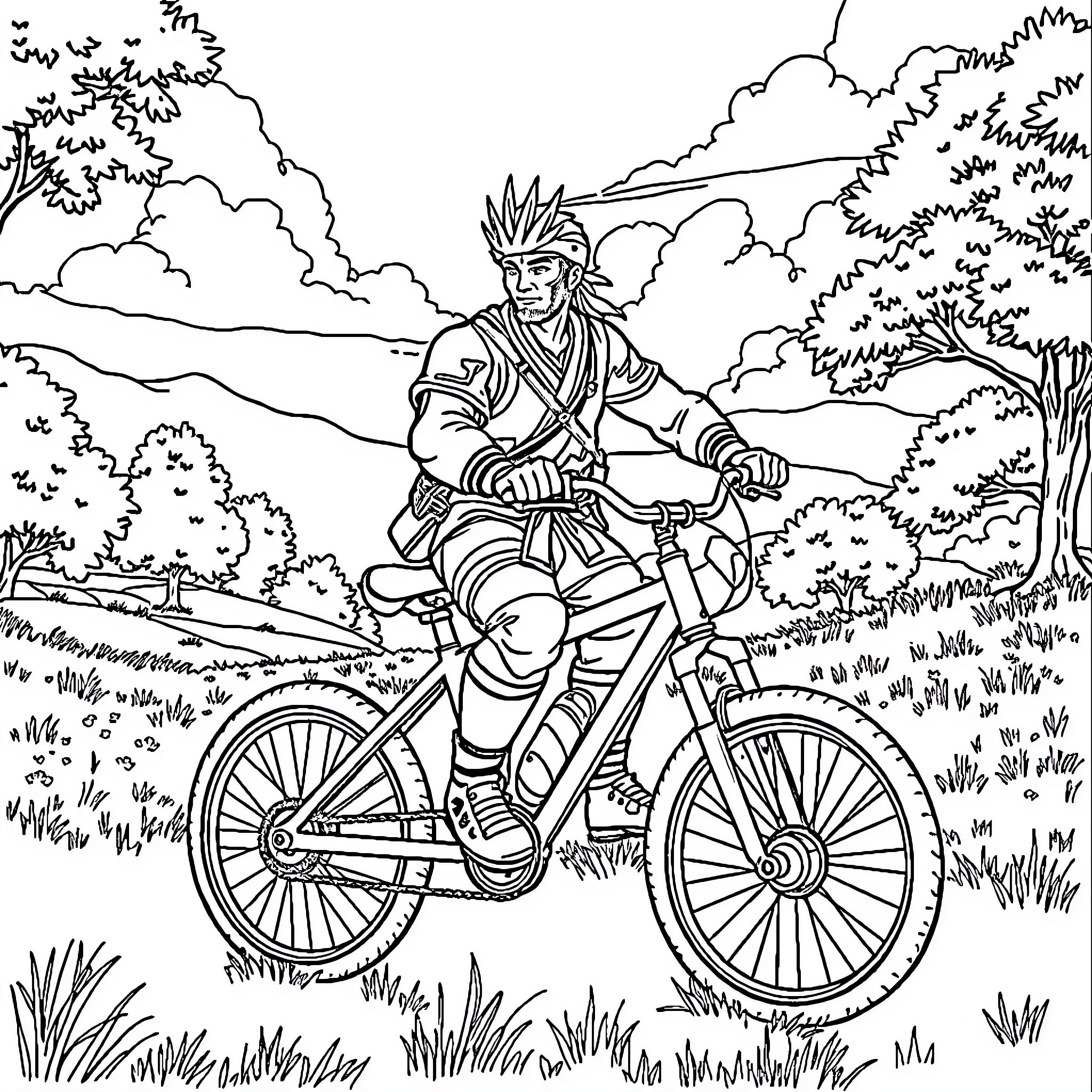 Sangoku's Adventurous Bicycle Ride Through Nature Coloring Page (free black-and-white line drawing printable PDF for all, from beginners to advanced learners, including children, teens, adults, and seniors)