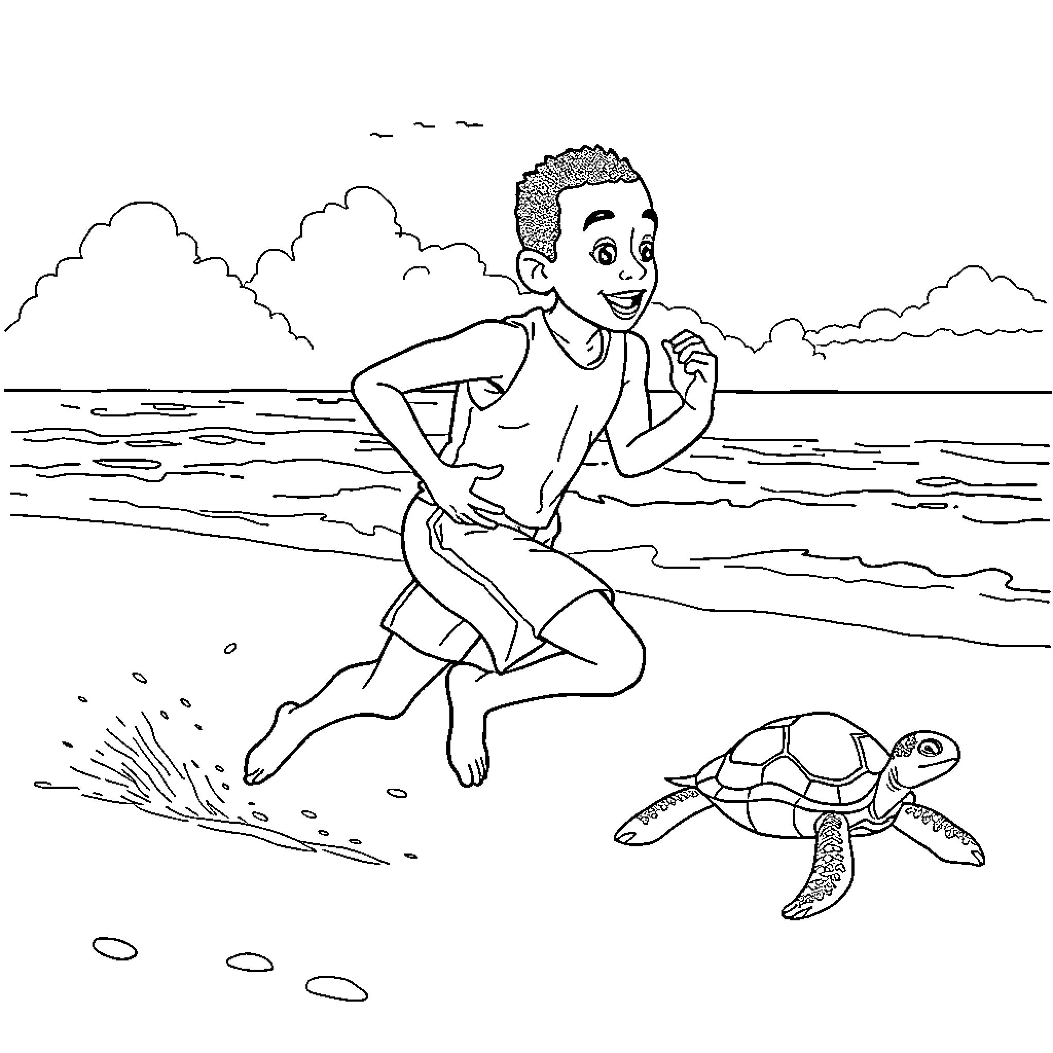 Mbappe chasing a turtle at the beach Coloring Page (free black-and-white line drawing printable PDF for all, from beginners to advanced learners, including children, teens, adults, and seniors)