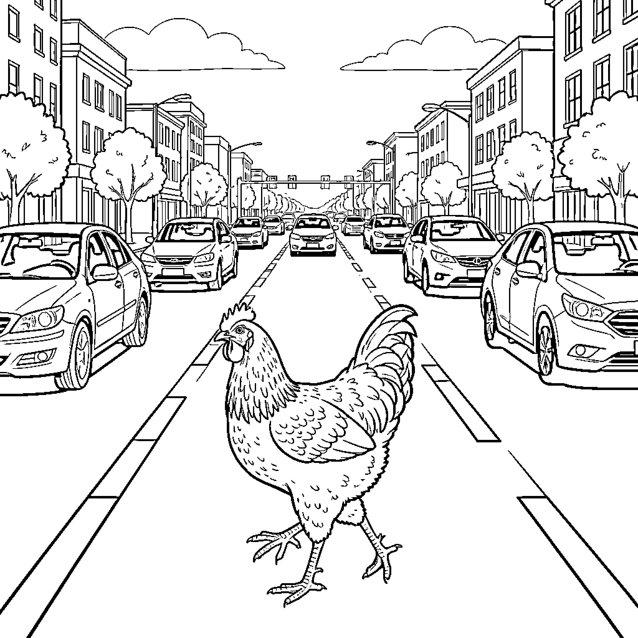 Chicken walking confidently down a busy city street Coloring Page (free black-and-white line drawing printable PDF for all, from beginners to advanced learners, including children, teens, adults, and seniors)