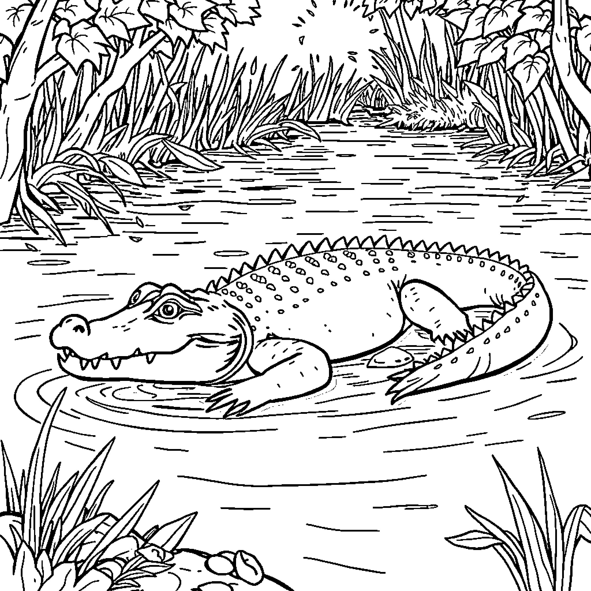 Animal swimming in swampy wetlands Coloring Page (free black-and-white line drawing printable PDF for all, from beginners to advanced learners, including children, teens, adults, and seniors)
