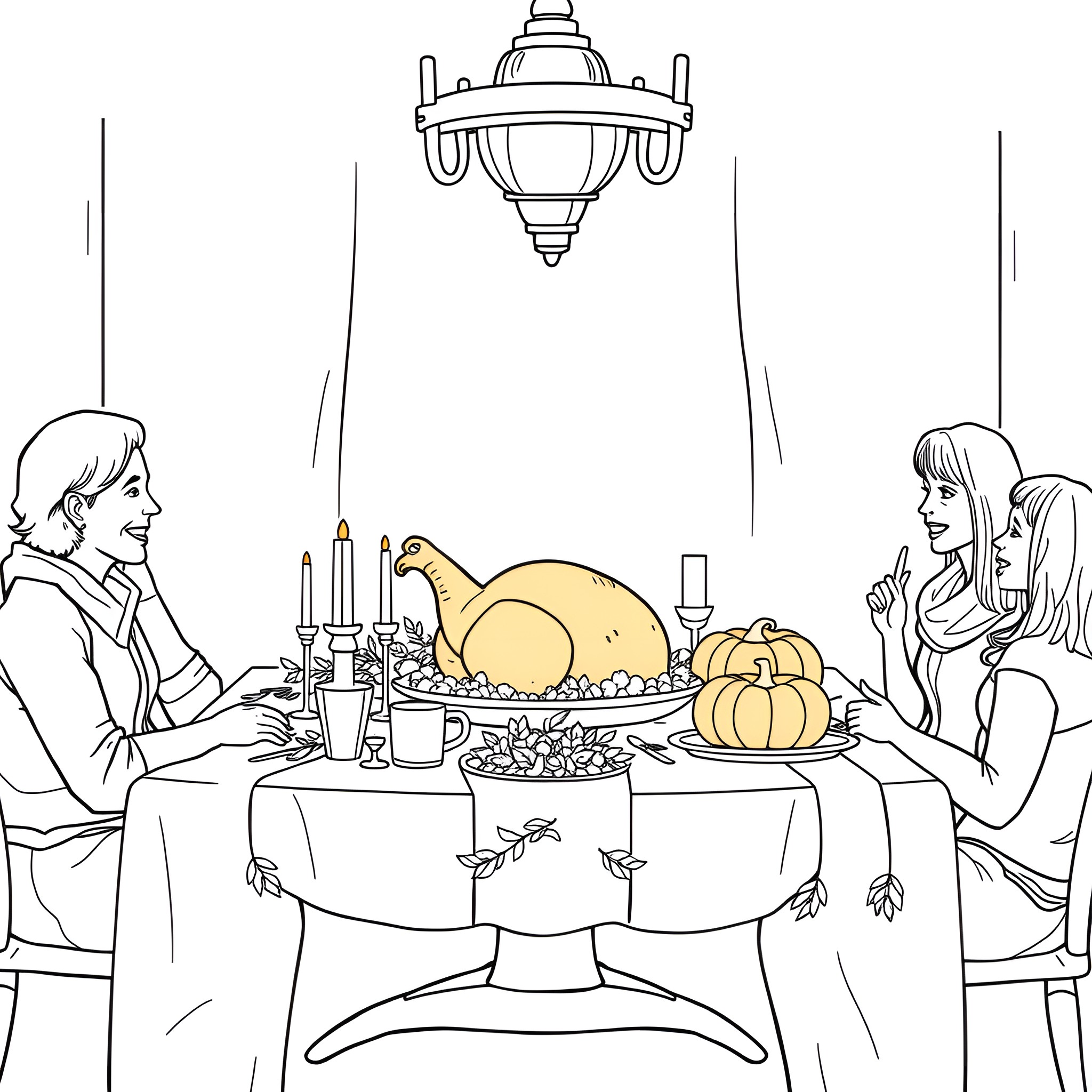 Thanksgiving Family Gathering Around Festive Table Coloring Page (free black-and-white line drawing printable PDF for all, from beginners to advanced learners, including children, teens, adults, and seniors)