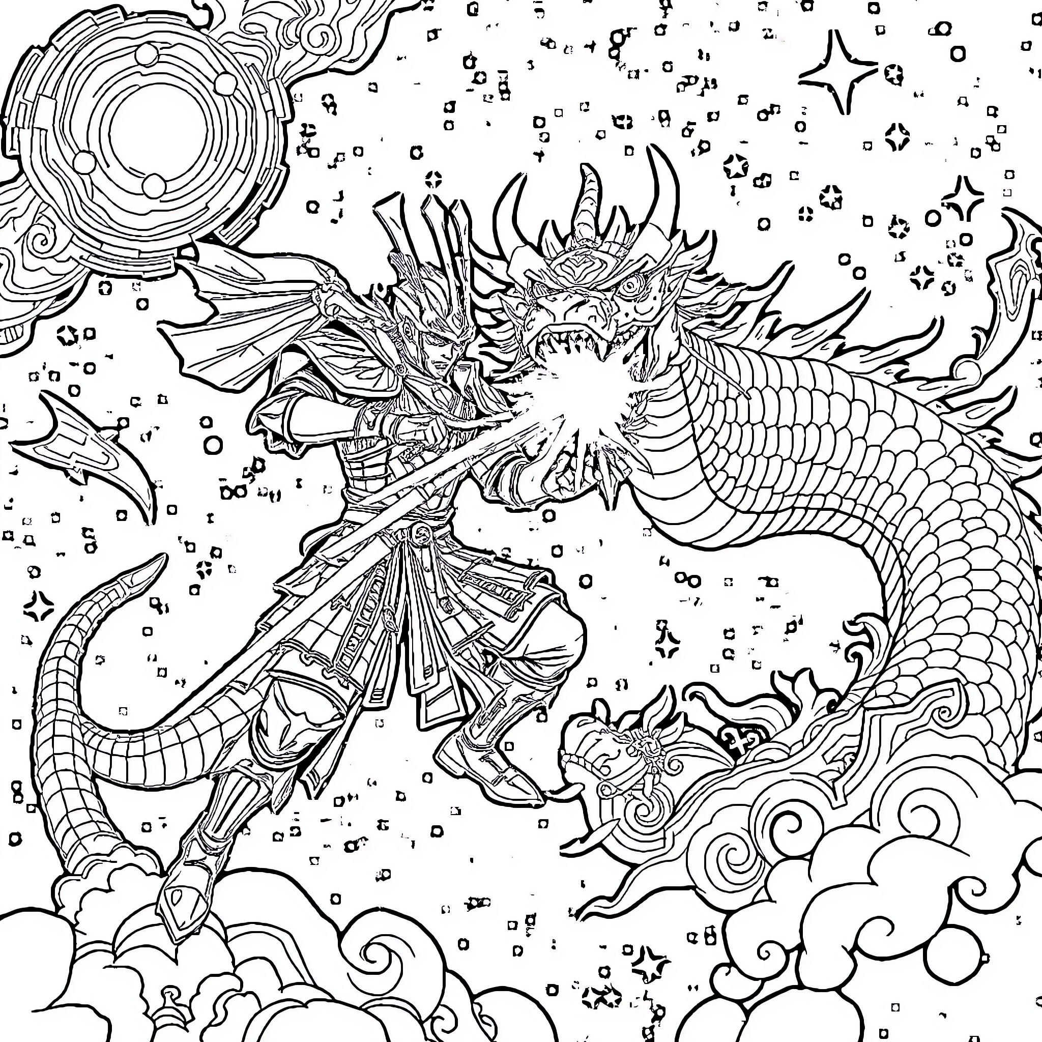 Samurai Dragon Battling in Cosmic Realm Coloring Page (free black-and-white line drawing printable PDF for all, from beginners to advanced learners, including children, teens, adults, and seniors)