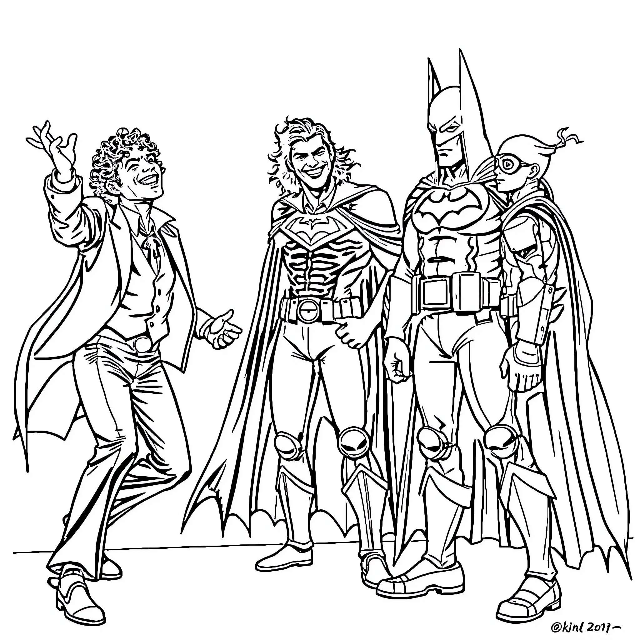 Michael Jackson with Batman and Joker in superhero costumes Coloring Page (free black-and-white line drawing printable PDF for all, from beginners to advanced learners, including children, teens, adults, and seniors)