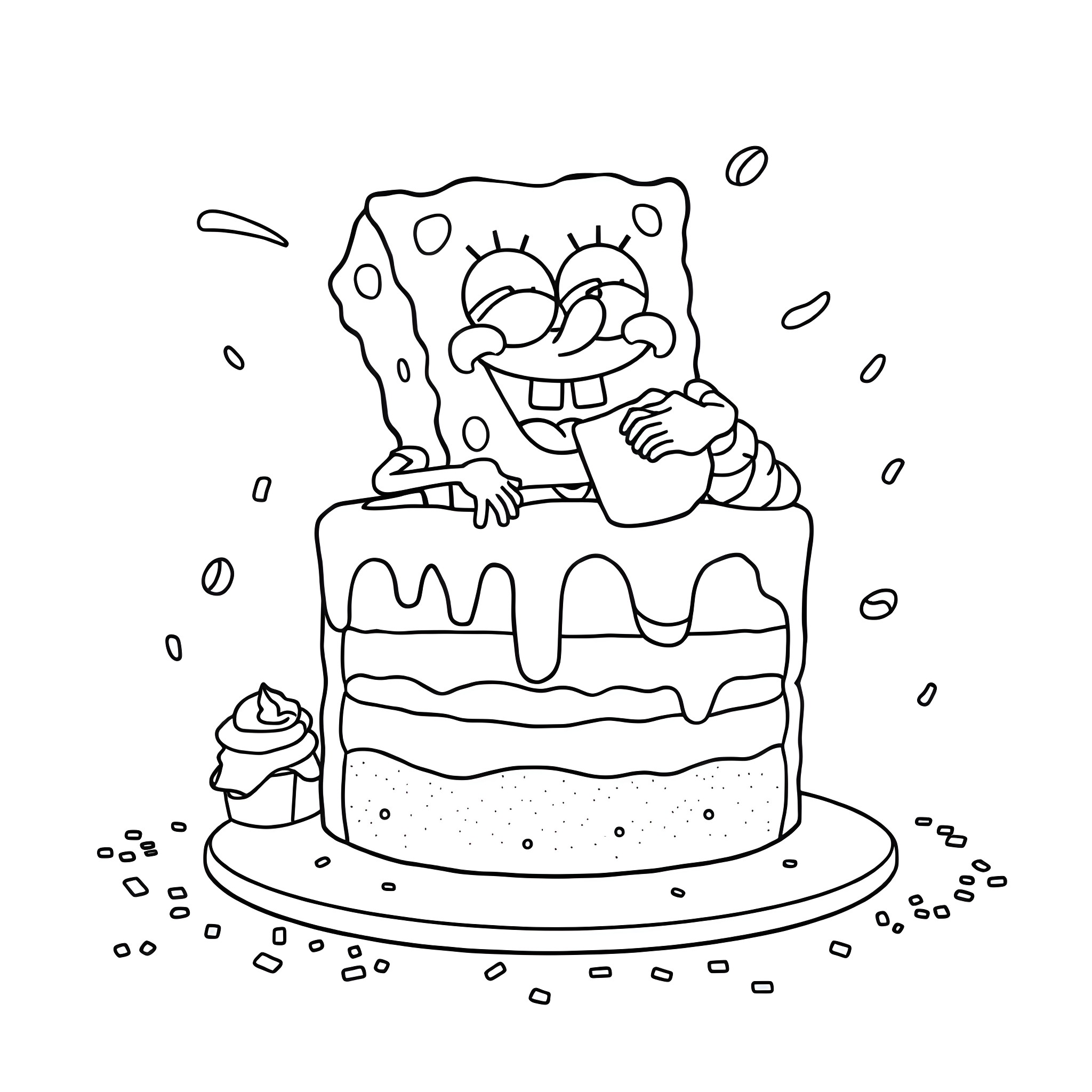 Spongebob happily eats a large cake Coloring Page (free black-and-white line drawing printable PDF for all, from beginners to advanced learners, including children, teens, adults, and seniors)