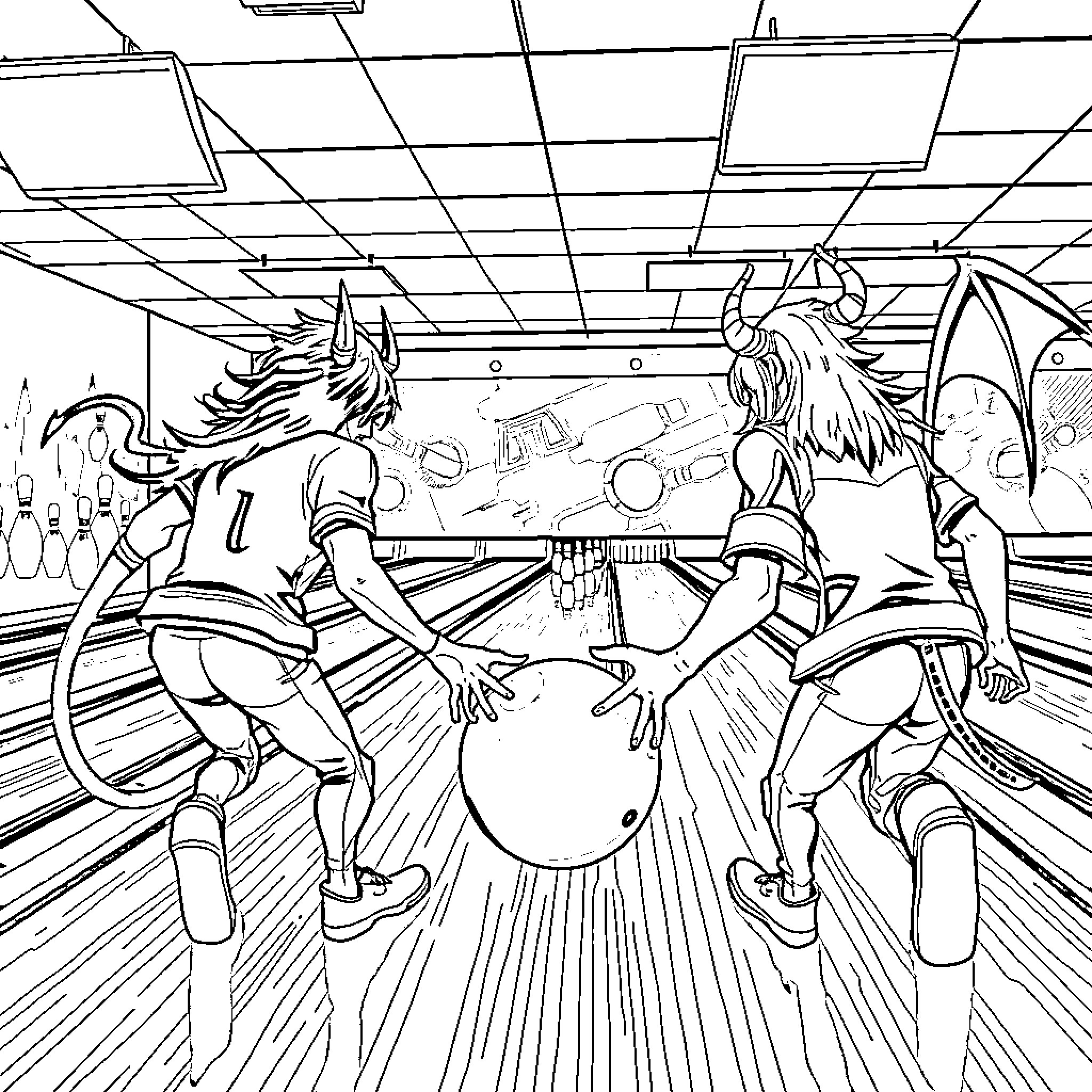 Demon Slayer Pair Facing Off in Intense Bowling Match Coloring Page (free black-and-white line drawing printable PDF for all, from beginners to advanced learners, including children, teens, adults, and seniors)
