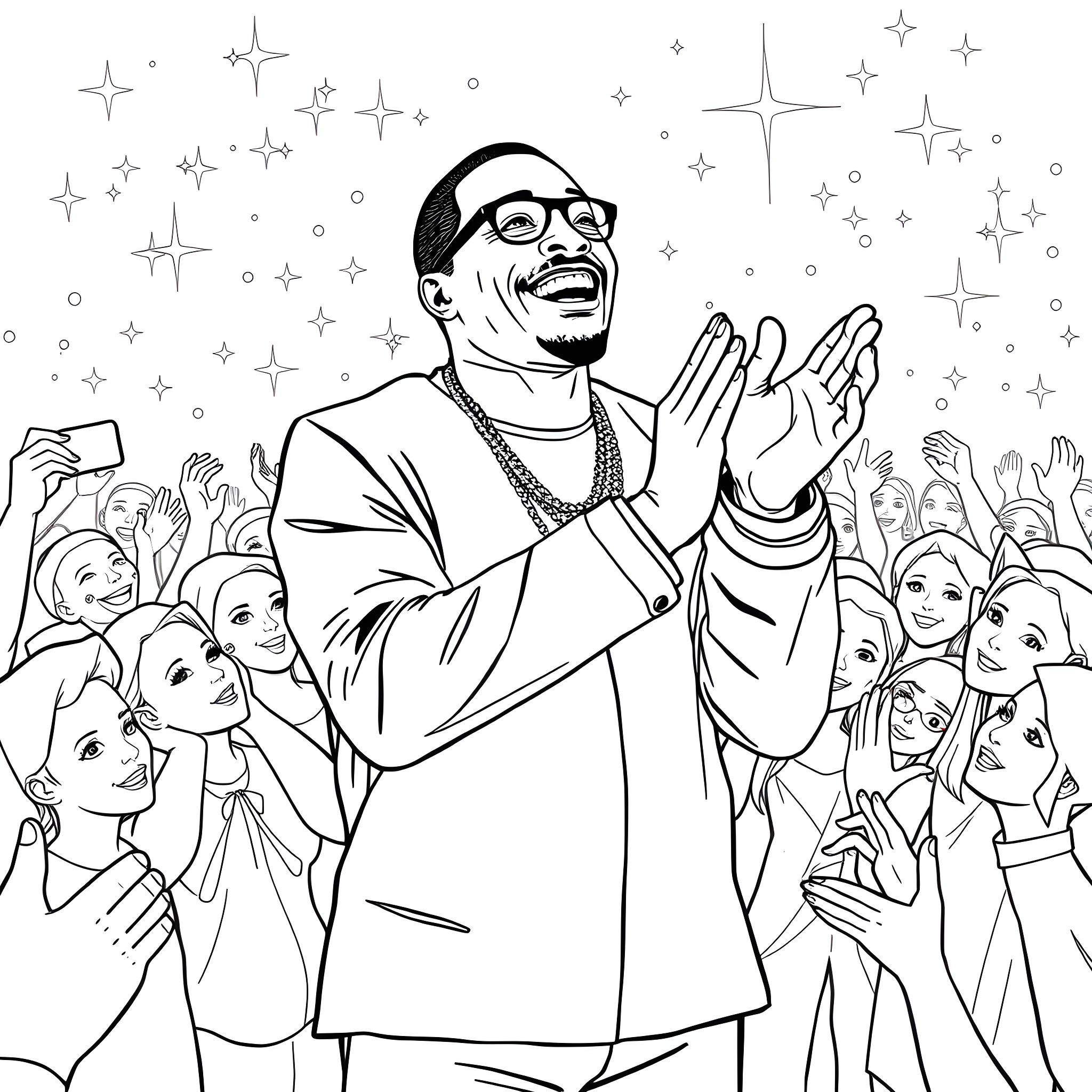 Pdidy Joyous Entertainer Captivates Crowd Coloring Page (free black-and-white line drawing printable PDF for all, from beginners to advanced learners, including children, teens, adults, and seniors)