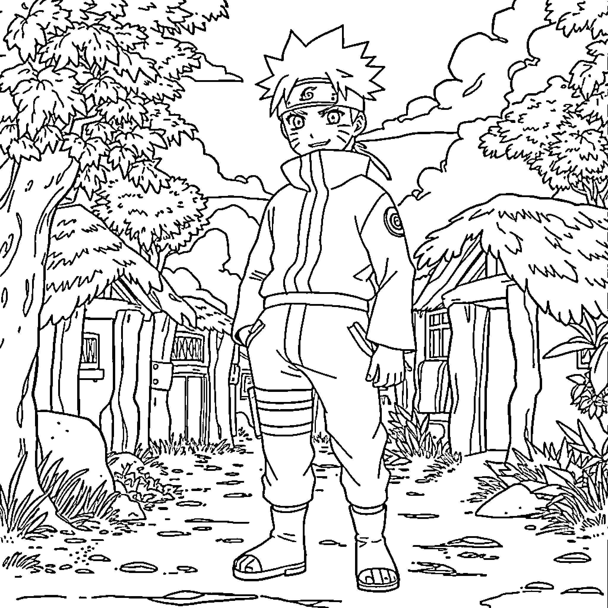 Naruto exploring the forest landscape Coloring Page (free black-and-white line drawing printable PDF for all, from beginners to advanced learners, including children, teens, adults, and seniors)